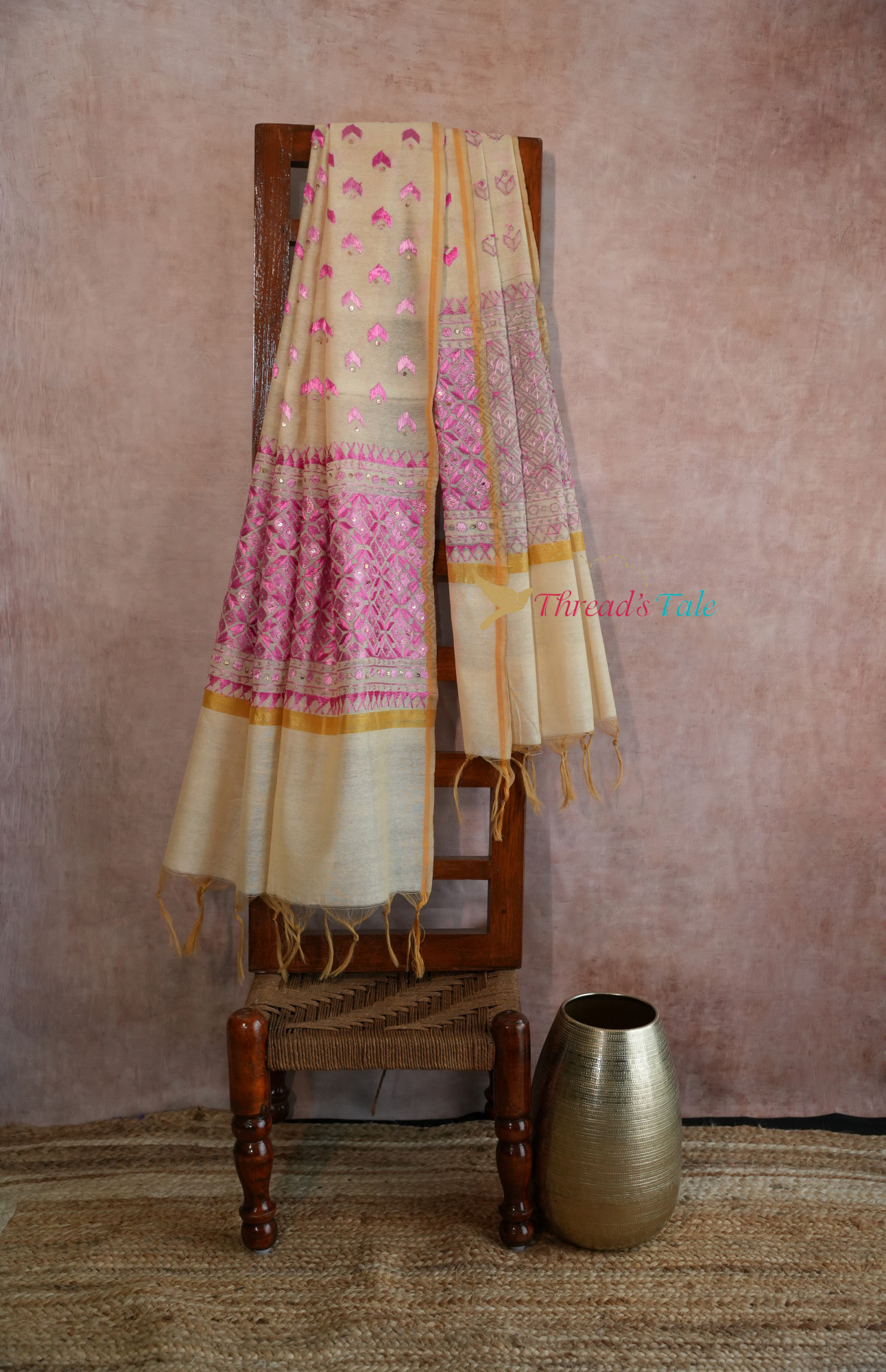 Off White Pink Handcrafted Phulkari Dupatta