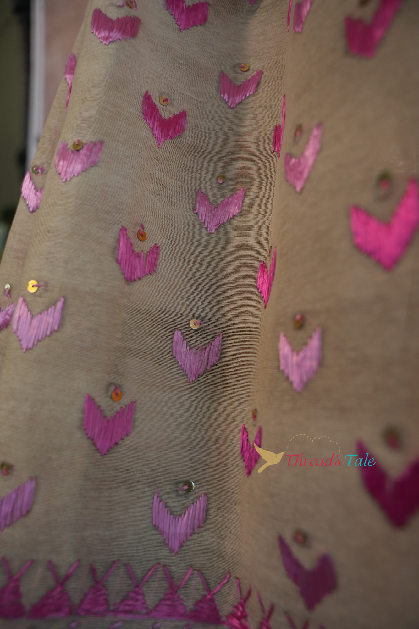 Off White Pink Handcrafted Phulkari Dupatta