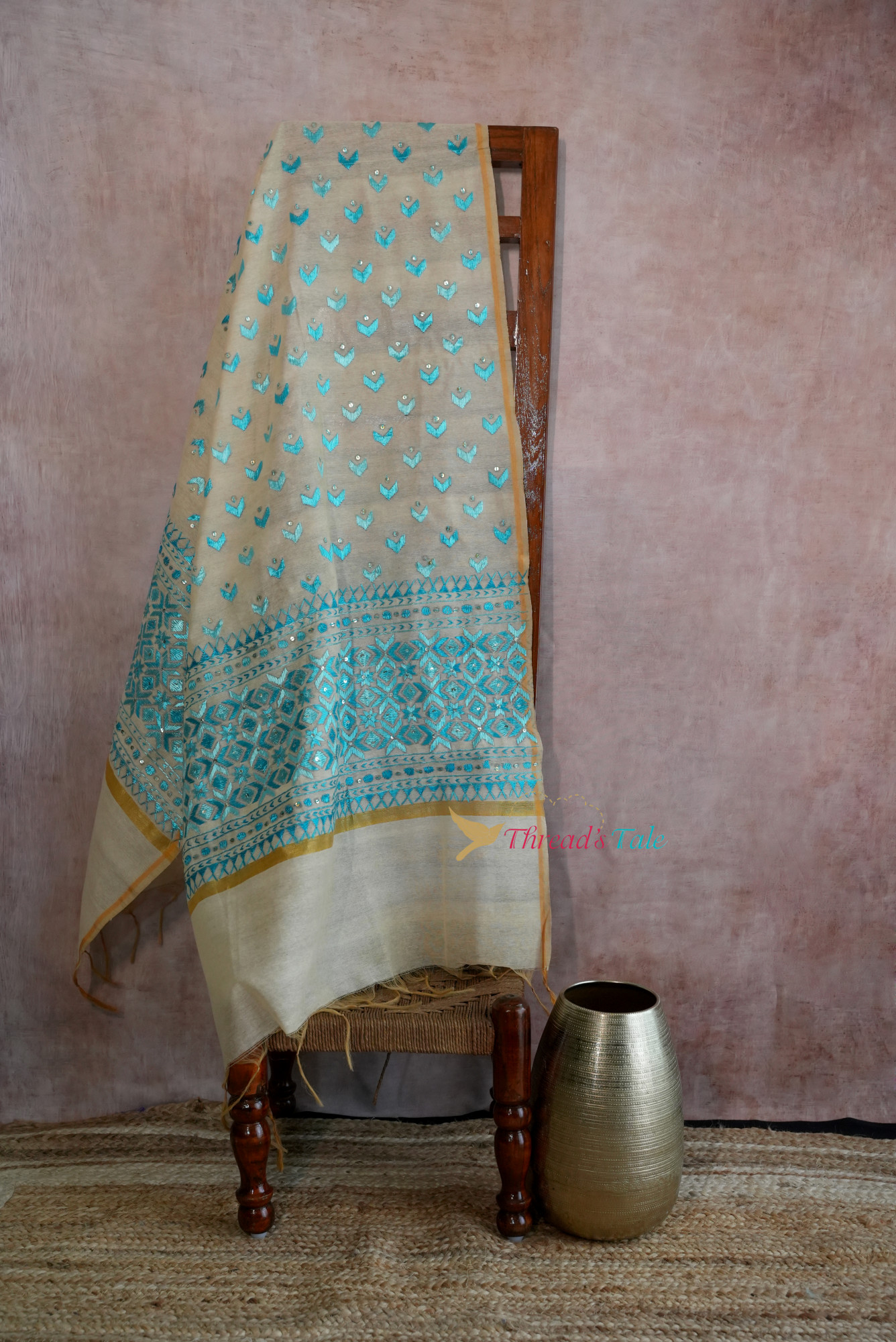 Beige Blue Handcrafted Phulkari Dupatta