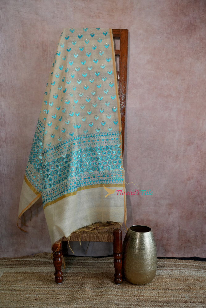 Image of Beige Blue Handcrafted Phulkari Dupatta