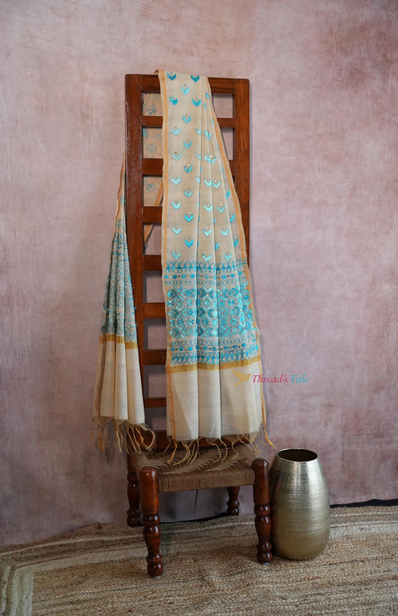 Beige Blue Handcrafted Phulkari Dupatta
