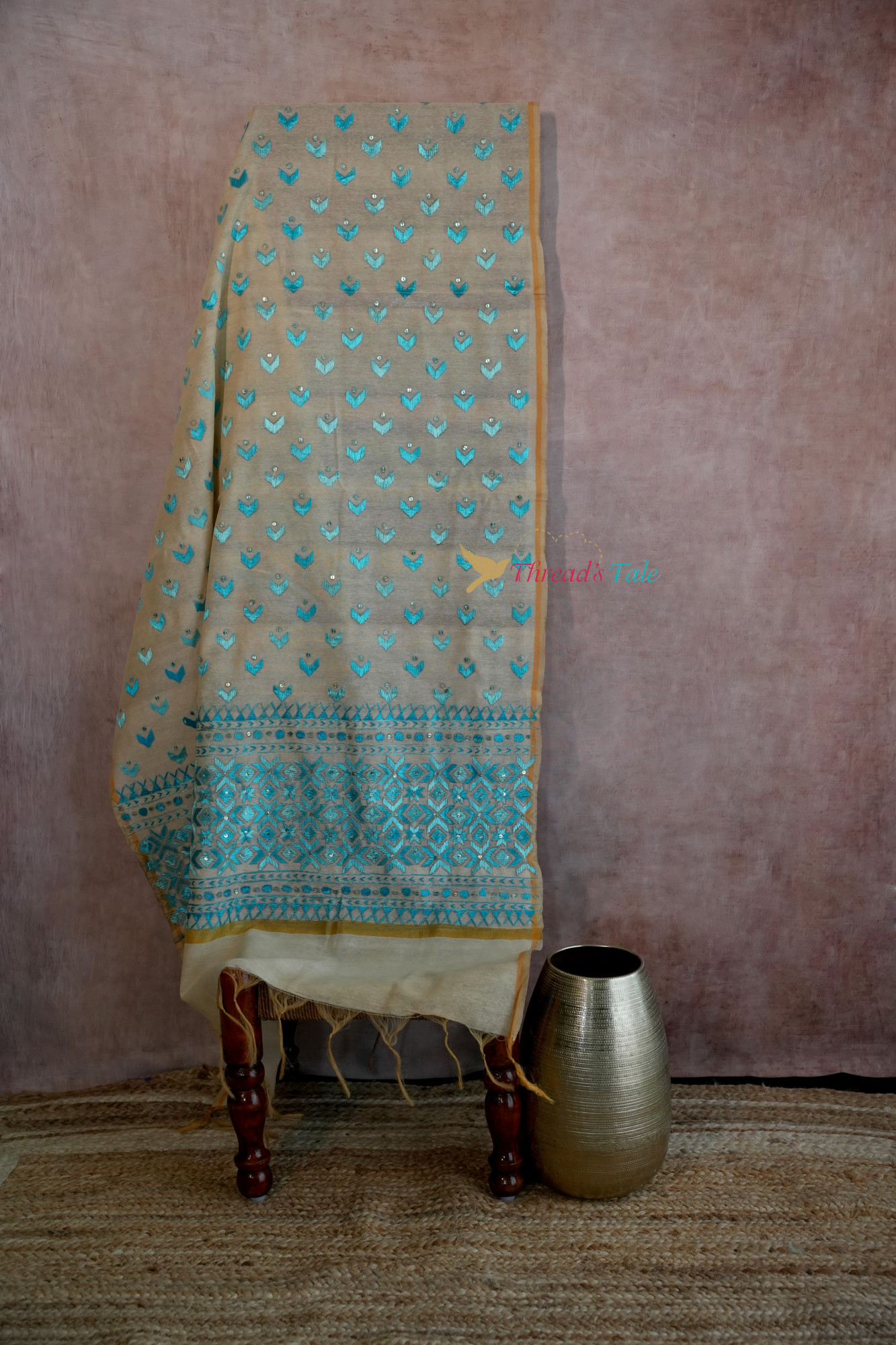 Beige Blue Handcrafted Phulkari Dupatta