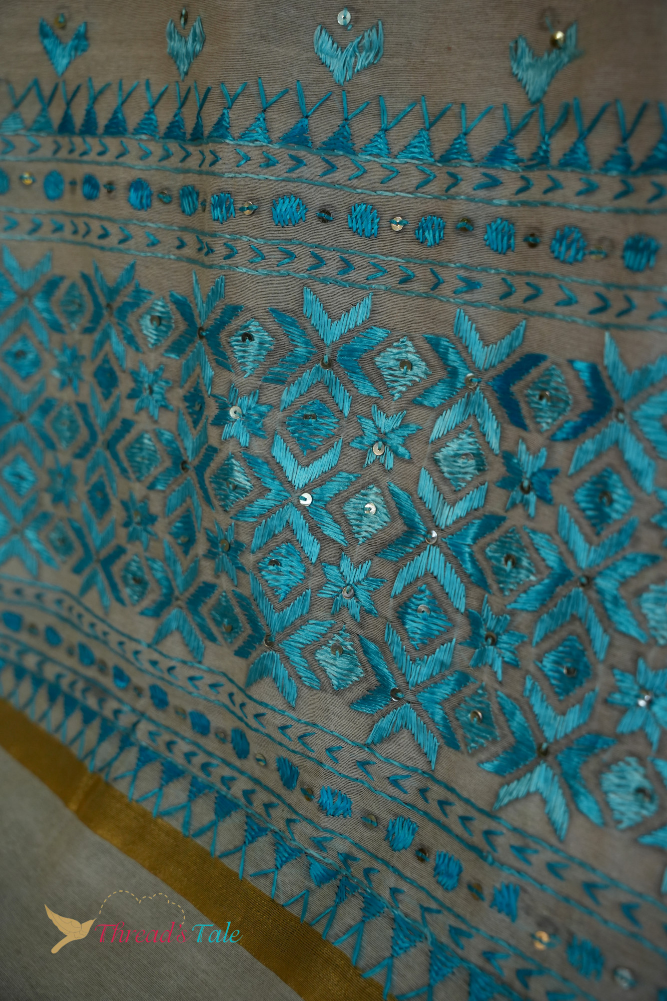 Beige Blue Handcrafted Phulkari Dupatta