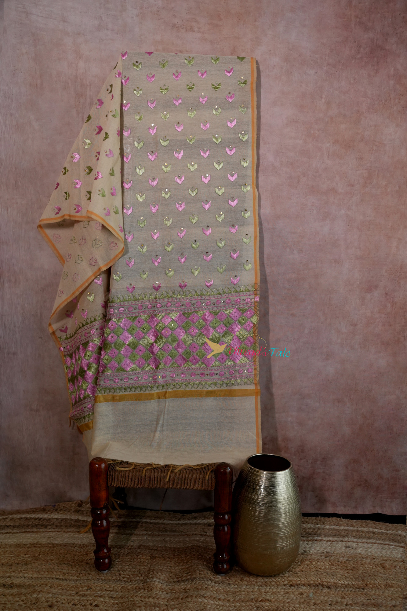 Off White Handcrafted Phulkari Dupatta