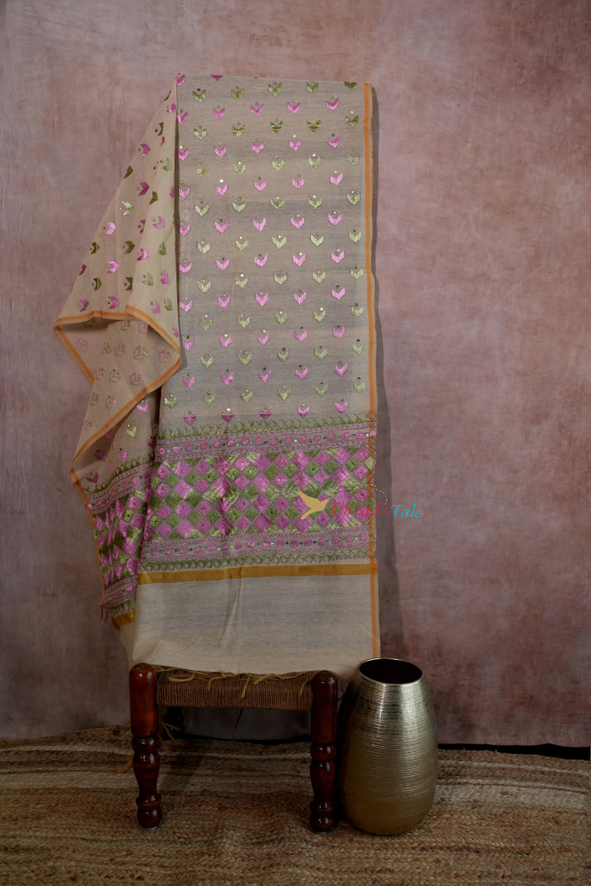 Image of Off White Handcrafted Phulkari Dupatta