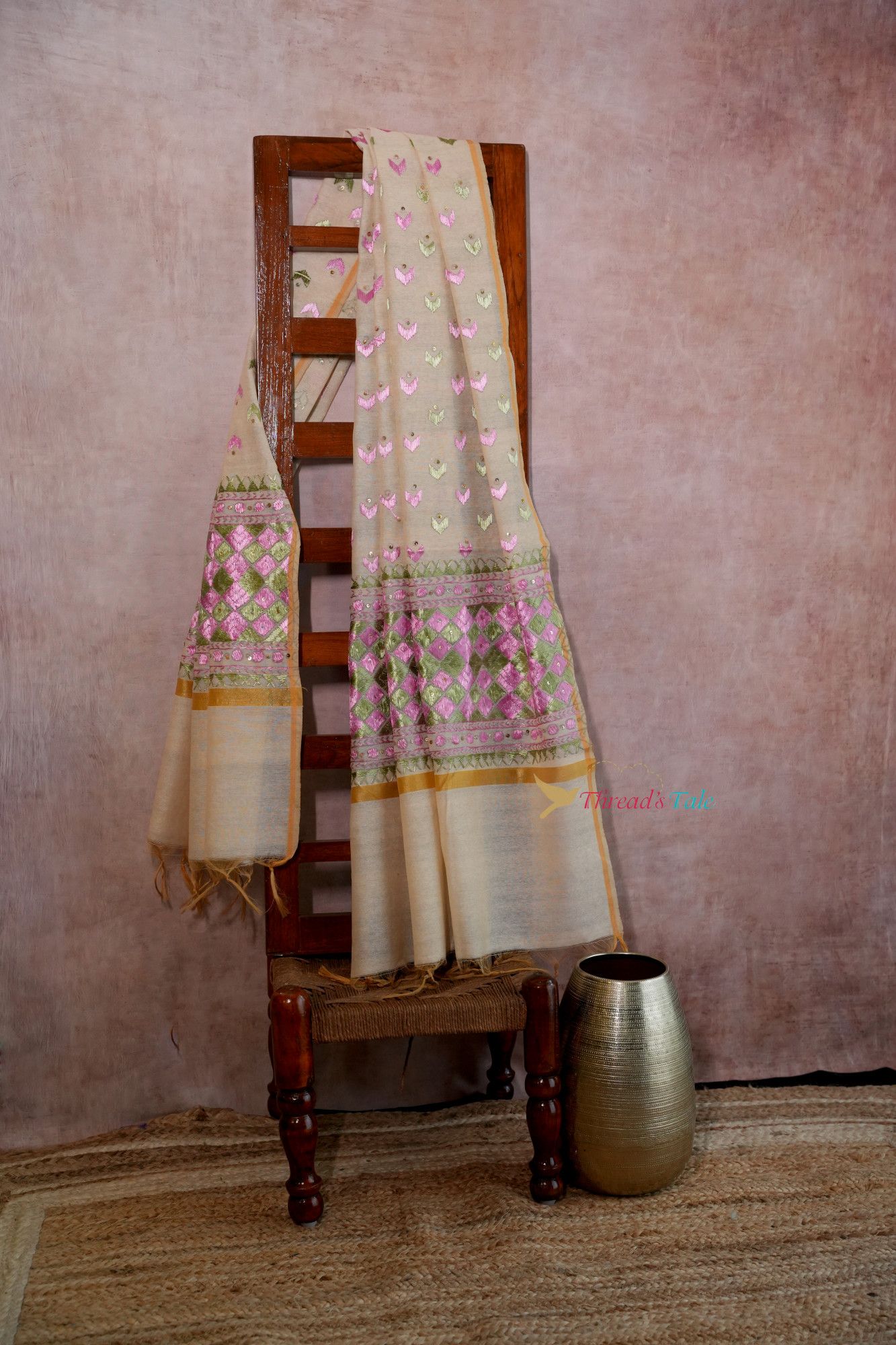 Off White Handcrafted Phulkari Dupatta