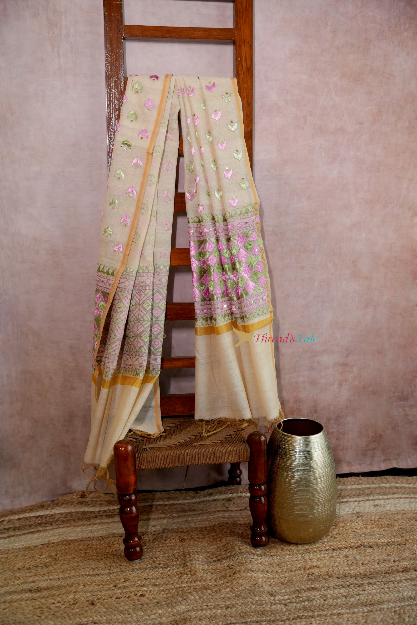 Off White Handcrafted Phulkari Dupatta