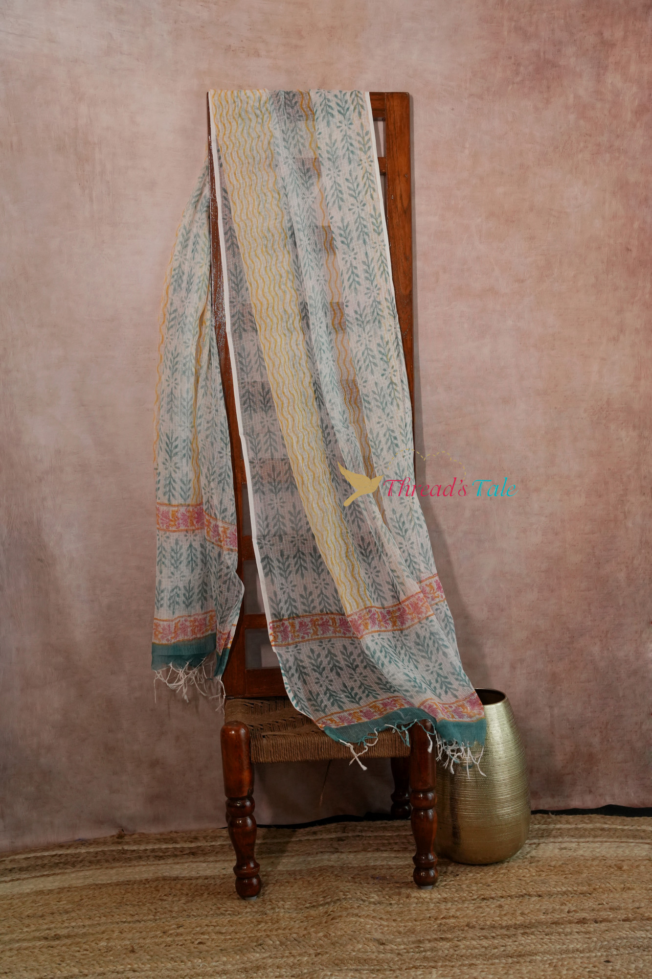 White Green Hand Blocked Cotton Kota Dupatta