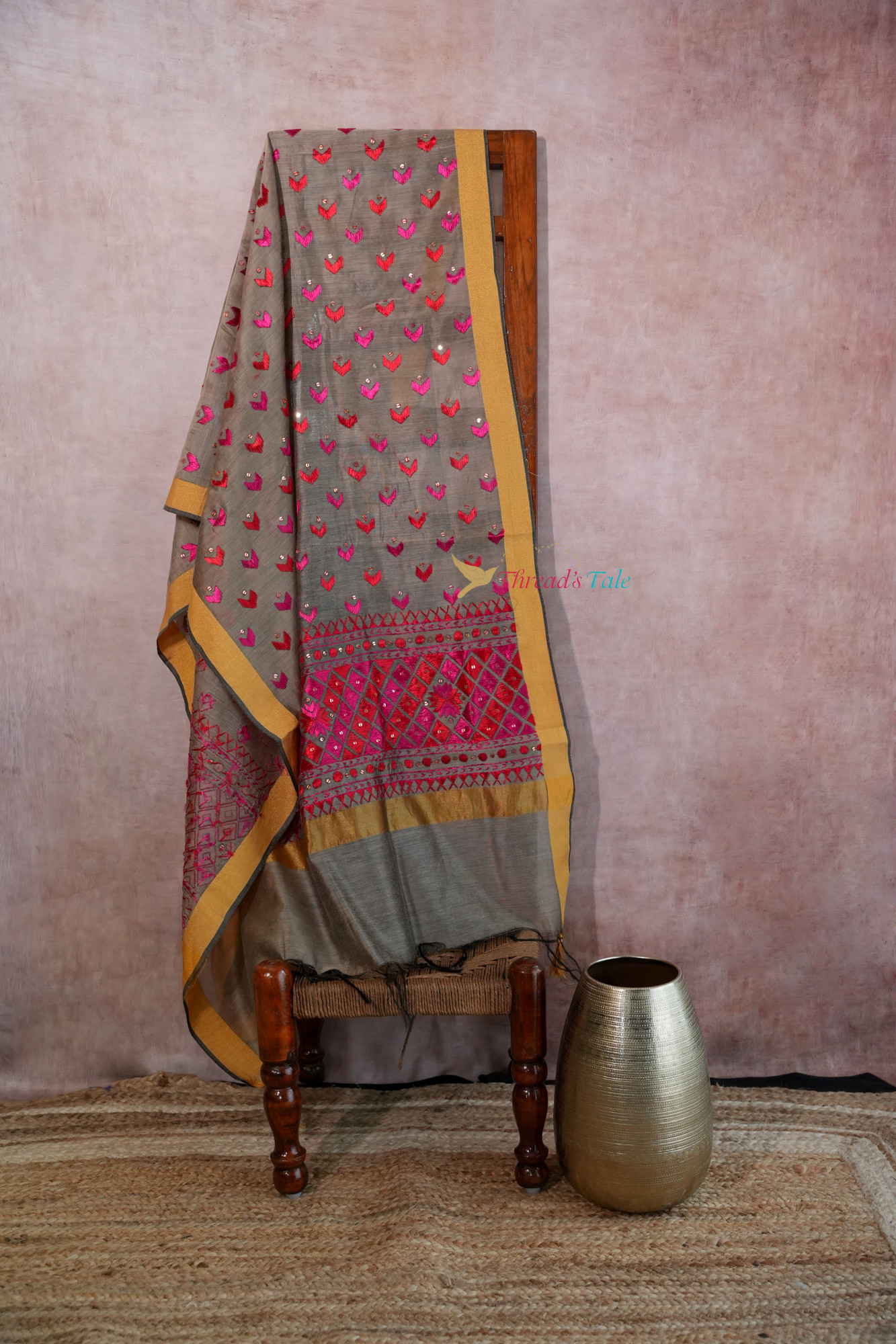 Grey Handcrafted Phulkari Dupatta