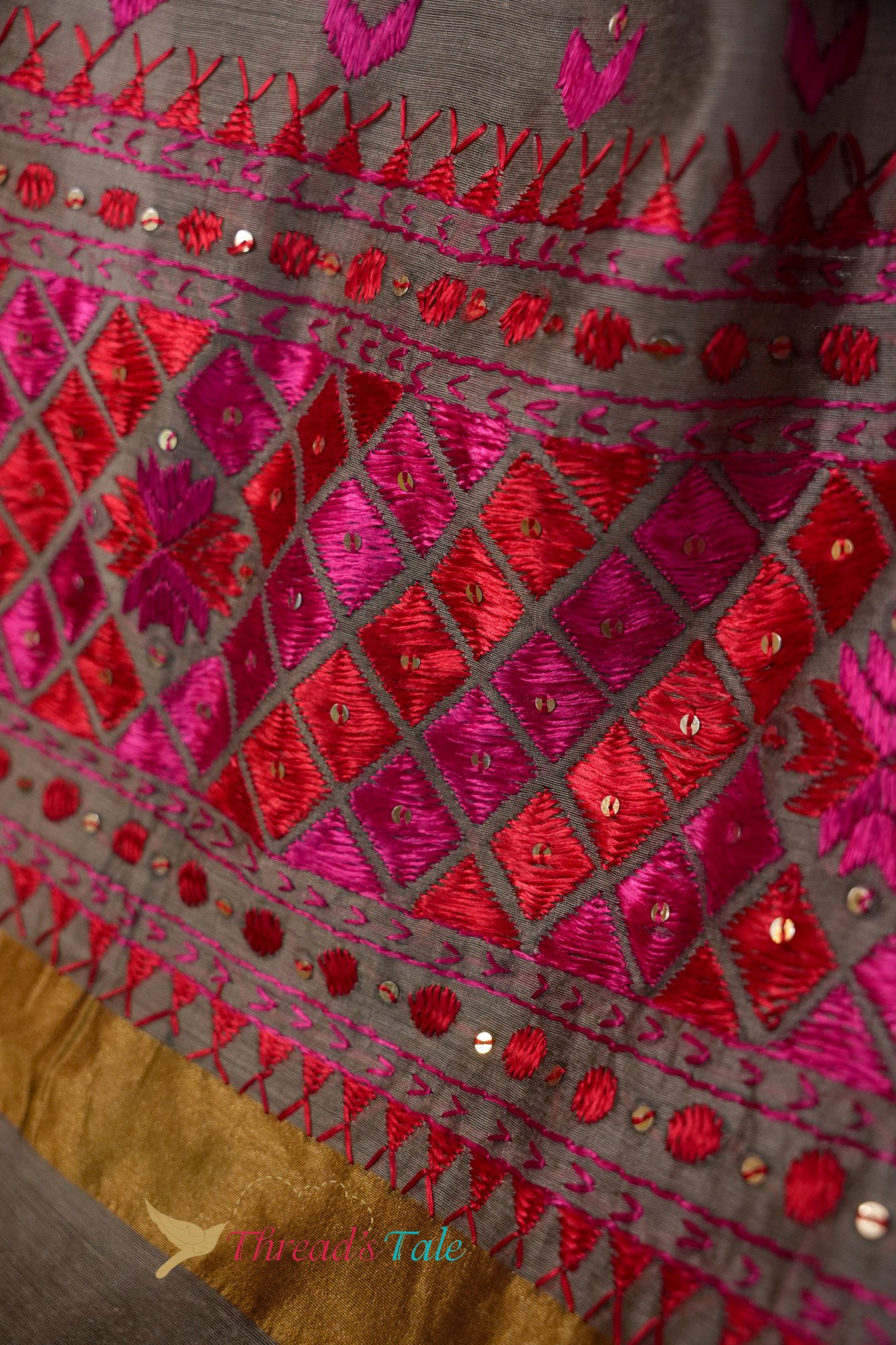 Grey Handcrafted Phulkari Dupatta