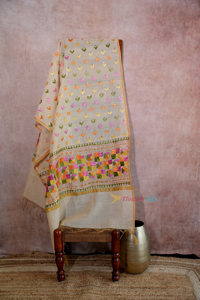 Image of Ivory Multi Shaded Handcrafted Phulkari Dupatta