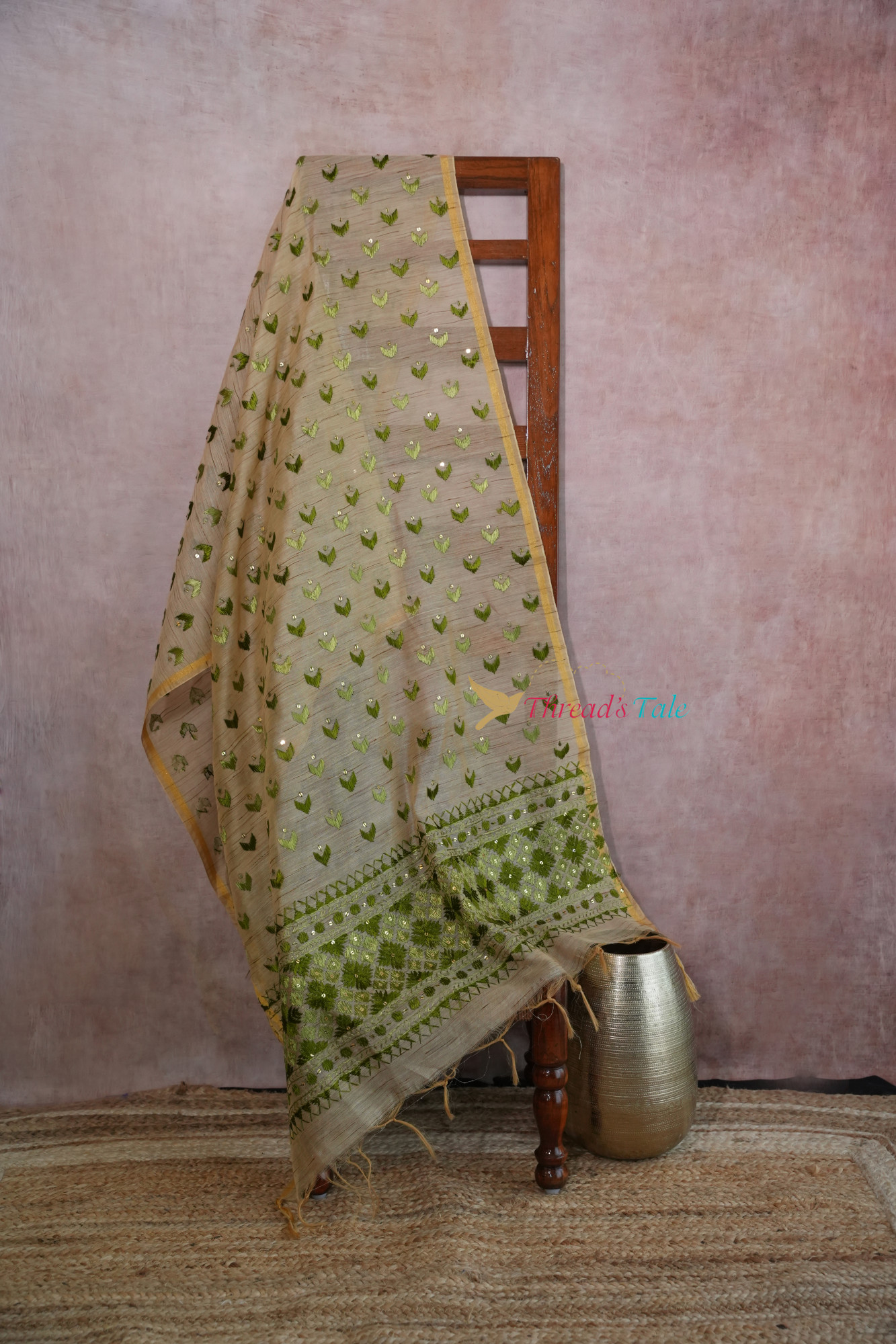 Off White Green Handcrafted Phulkari Dupatta