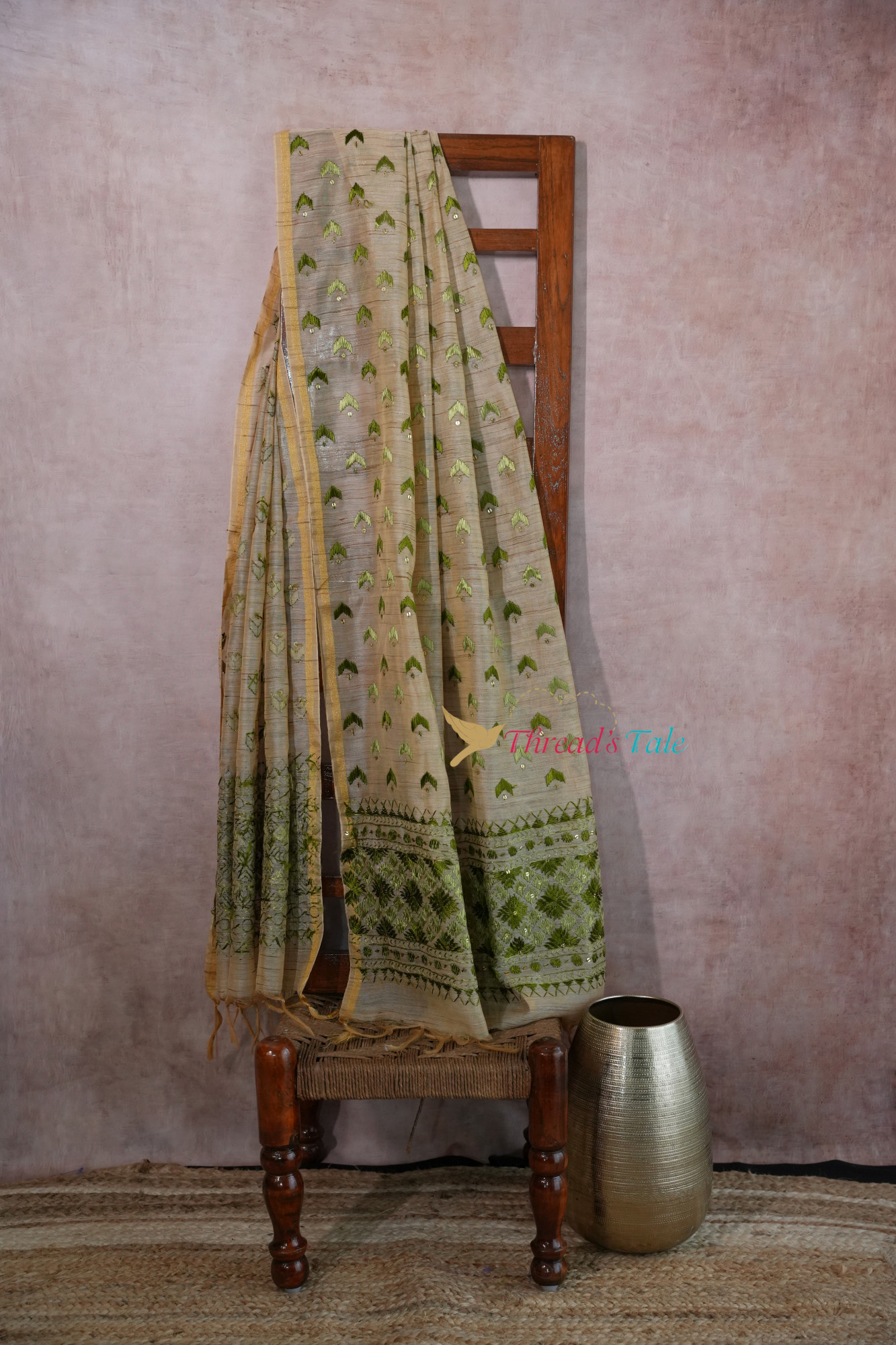 Off White Green Handcrafted Phulkari Dupatta
