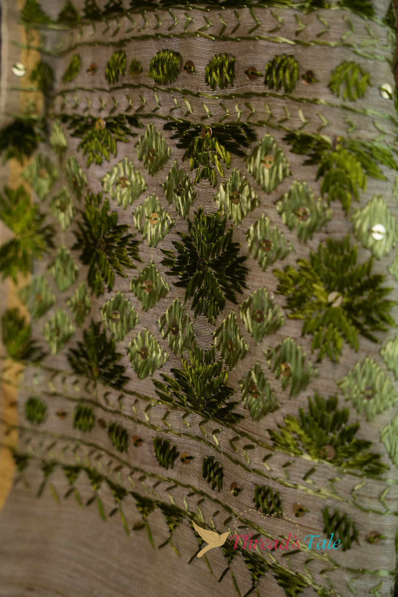 Off White Green Handcrafted Phulkari Dupatta