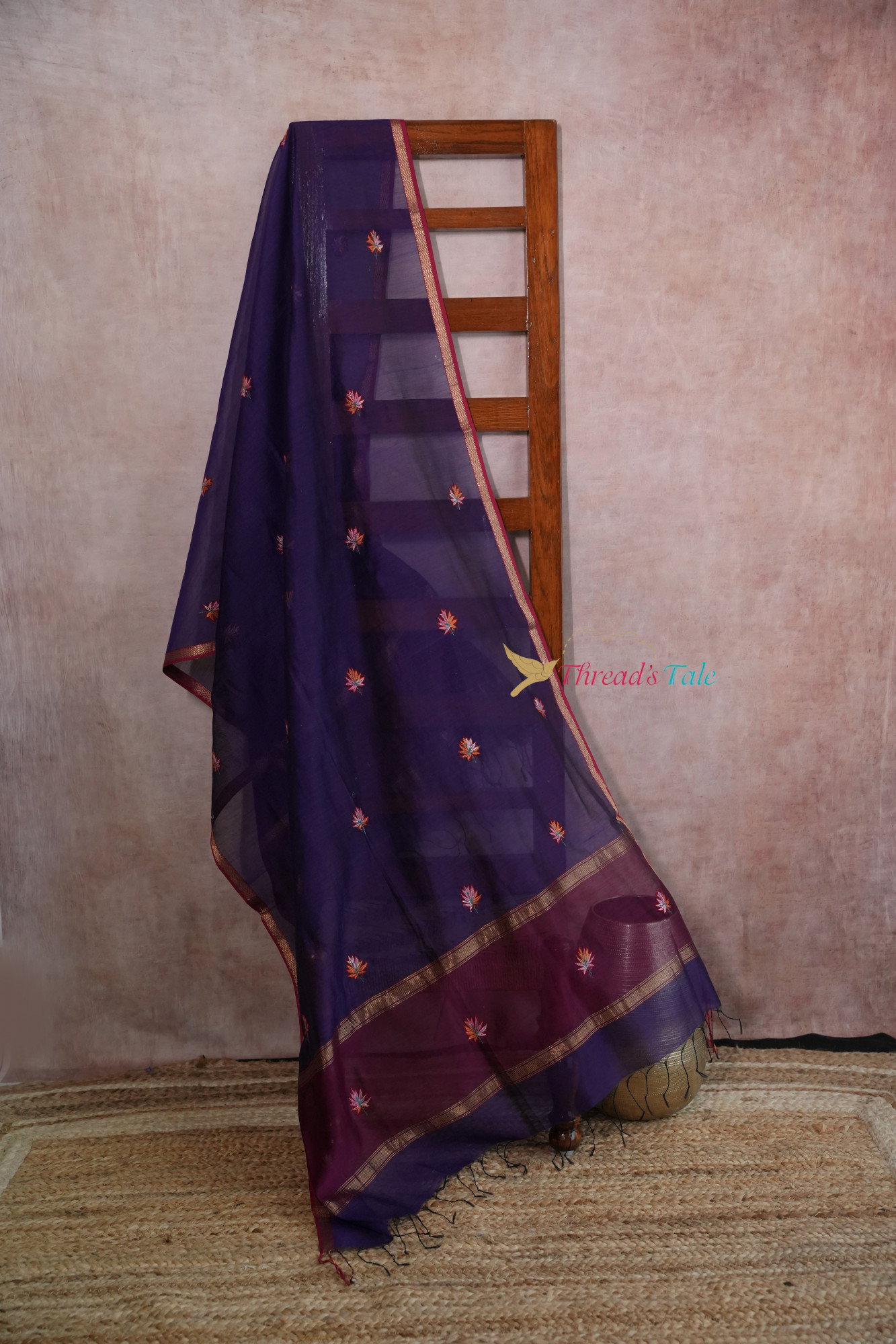 Indigo Violet Kashmiri Hand Embroidered Pure Maheshwari Dupatta