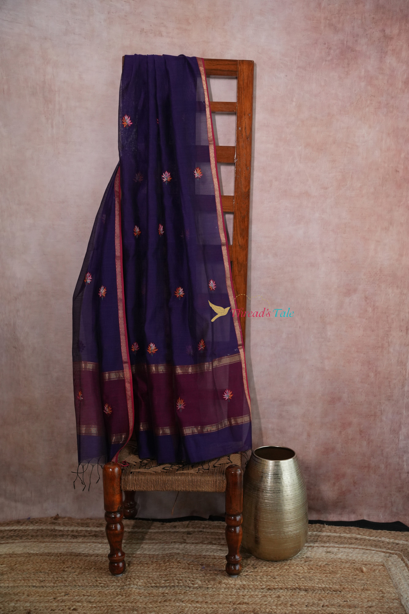 Indigo Violet Kashmiri Hand Embroidered Pure Maheshwari Dupatta