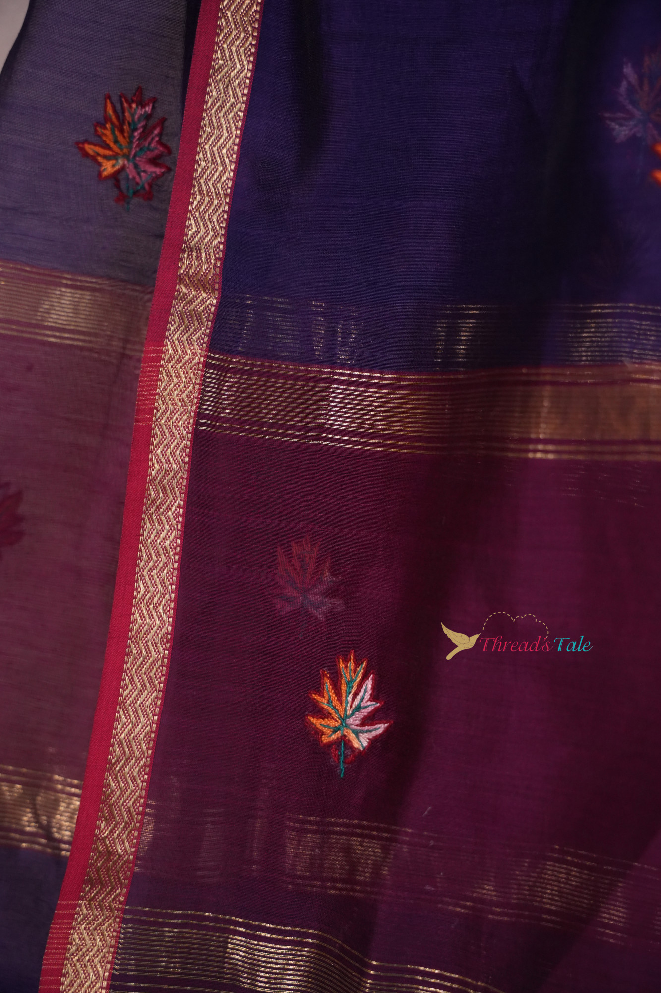 Indigo Violet Kashmiri Hand Embroidered Pure Maheshwari Dupatta