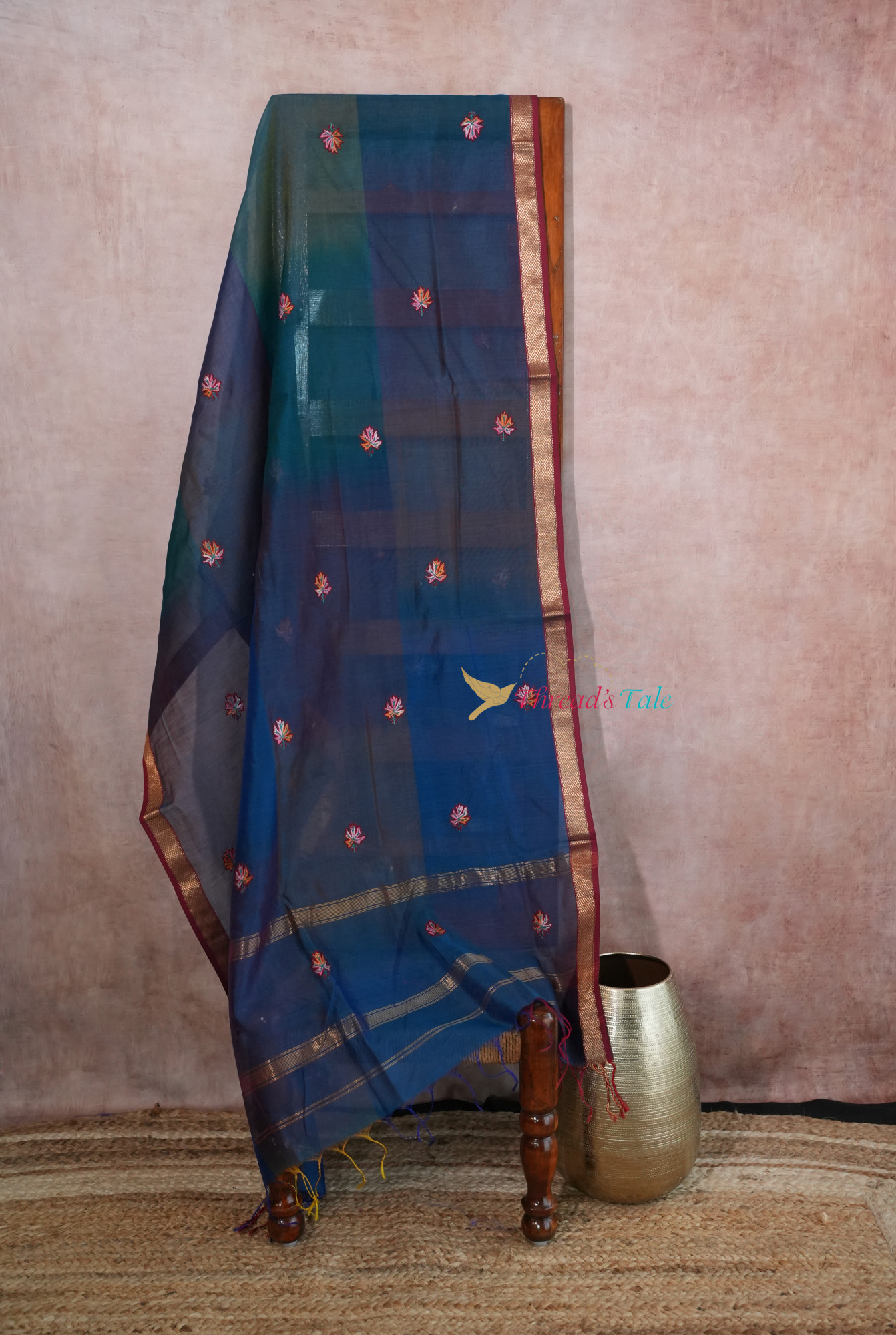 Blue Multi Shaded Kashmiri Hand Embroidered Pure Maheshwari Dupatta