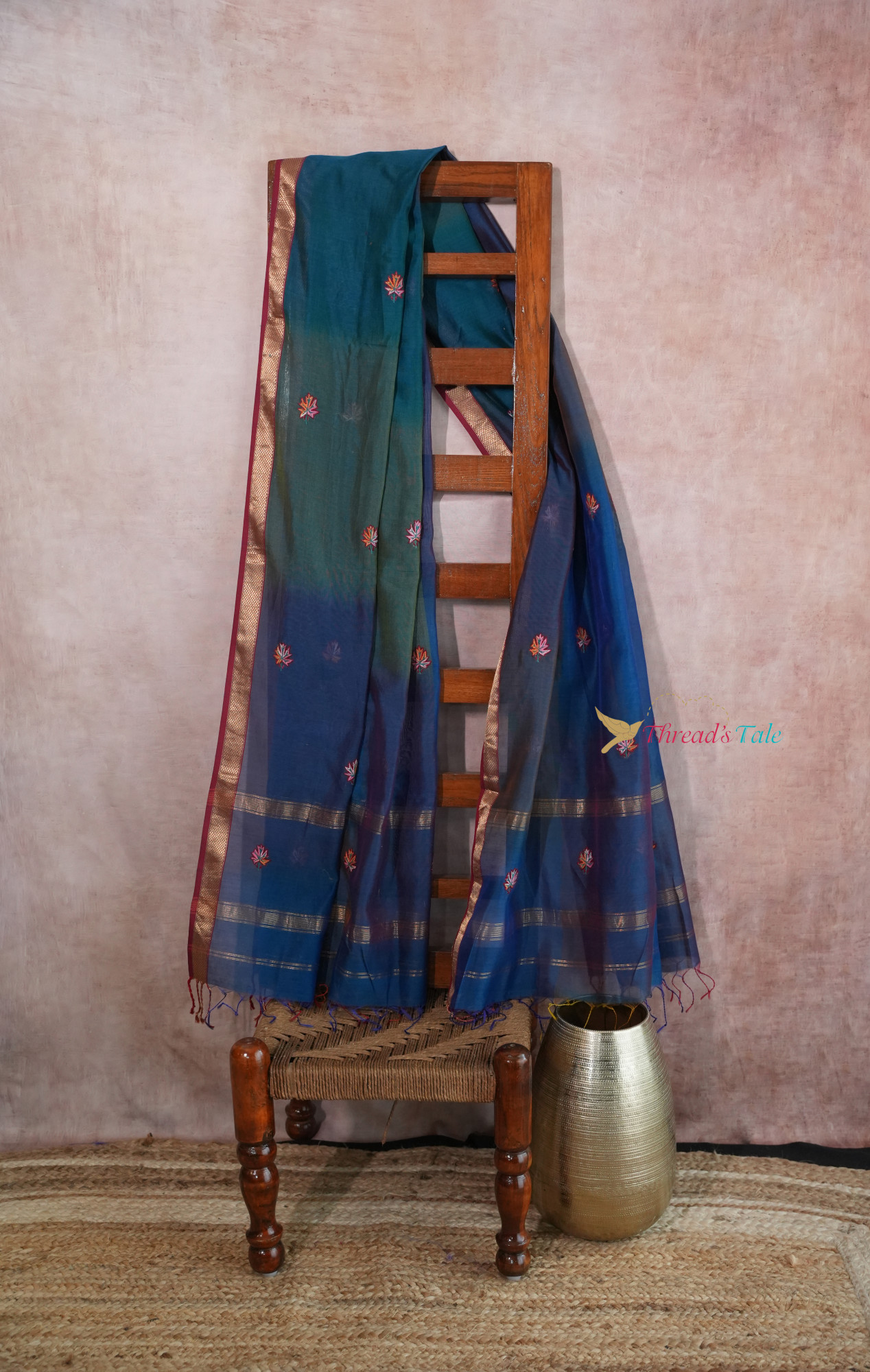 Blue Multi Shaded Kashmiri Hand Embroidered Pure Maheshwari Dupatta
