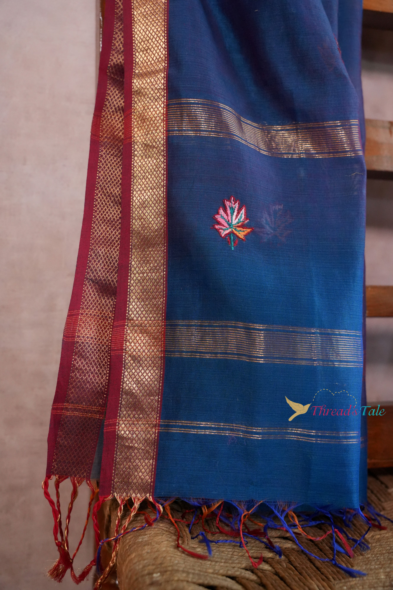 Blue Multi Shaded Kashmiri Hand Embroidered Pure Maheshwari Dupatta
