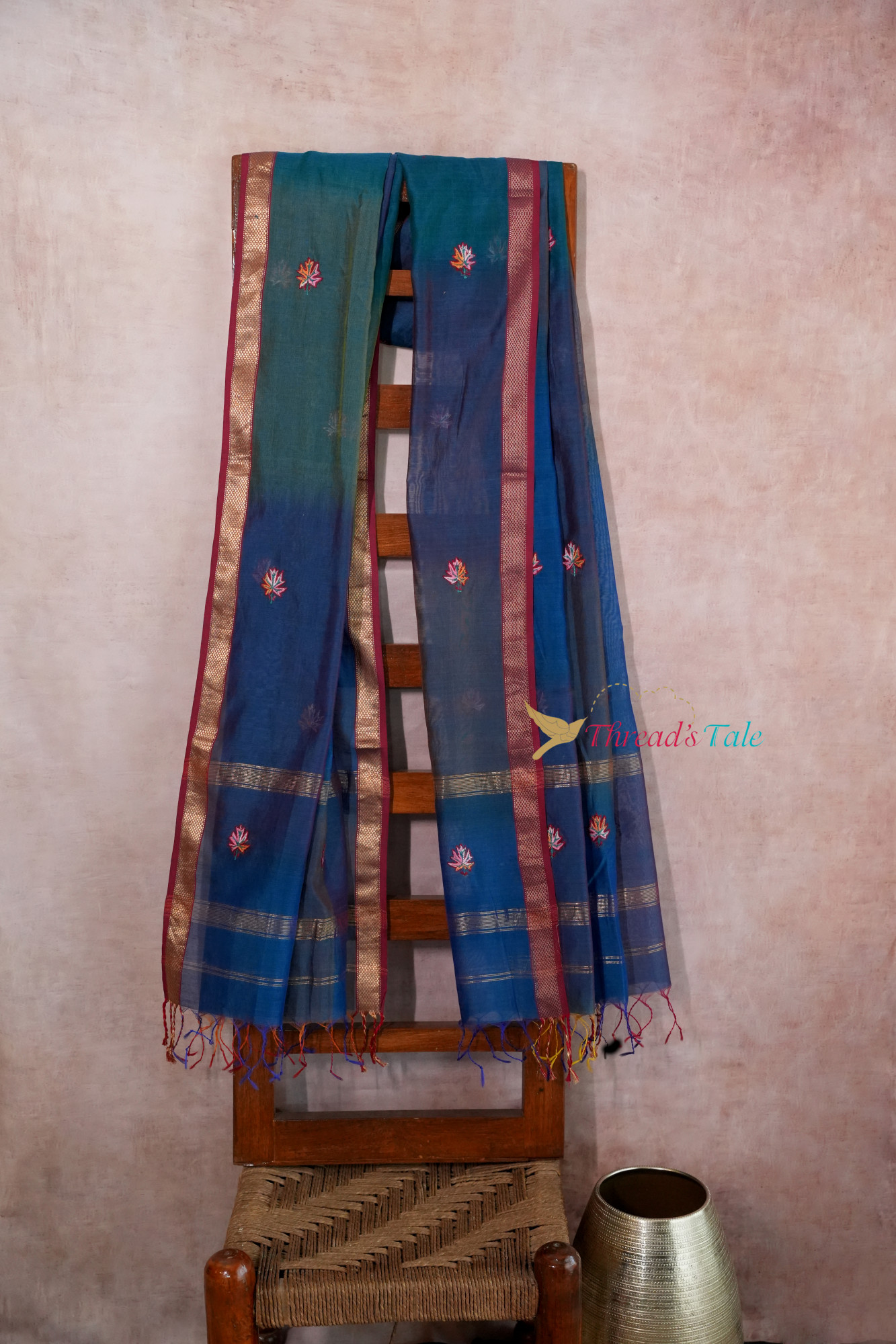 Blue Multi Shaded Kashmiri Hand Embroidered Pure Maheshwari Dupatta