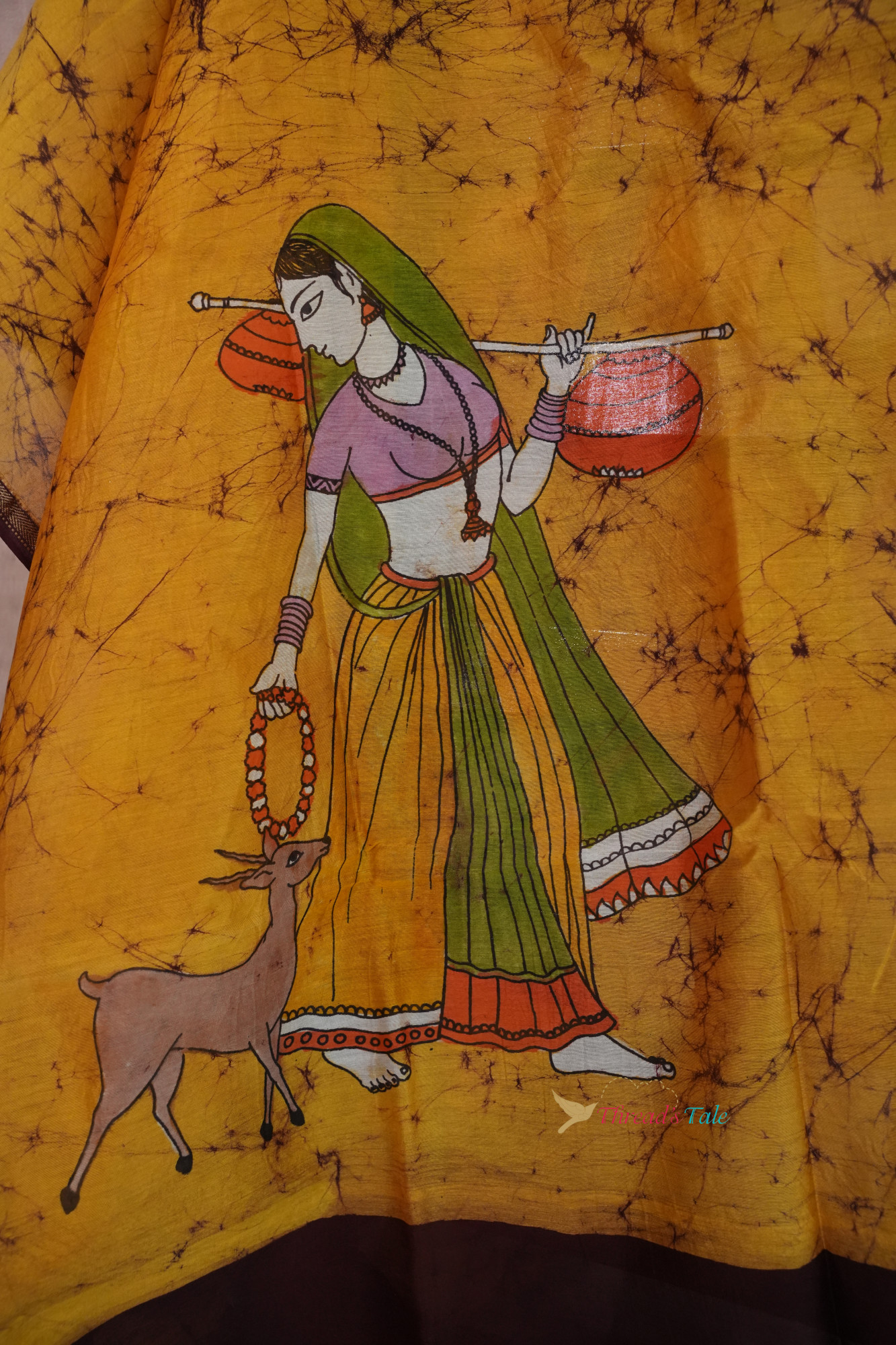 Mustard Yellow Brown Hand Painted Batik Dupatta