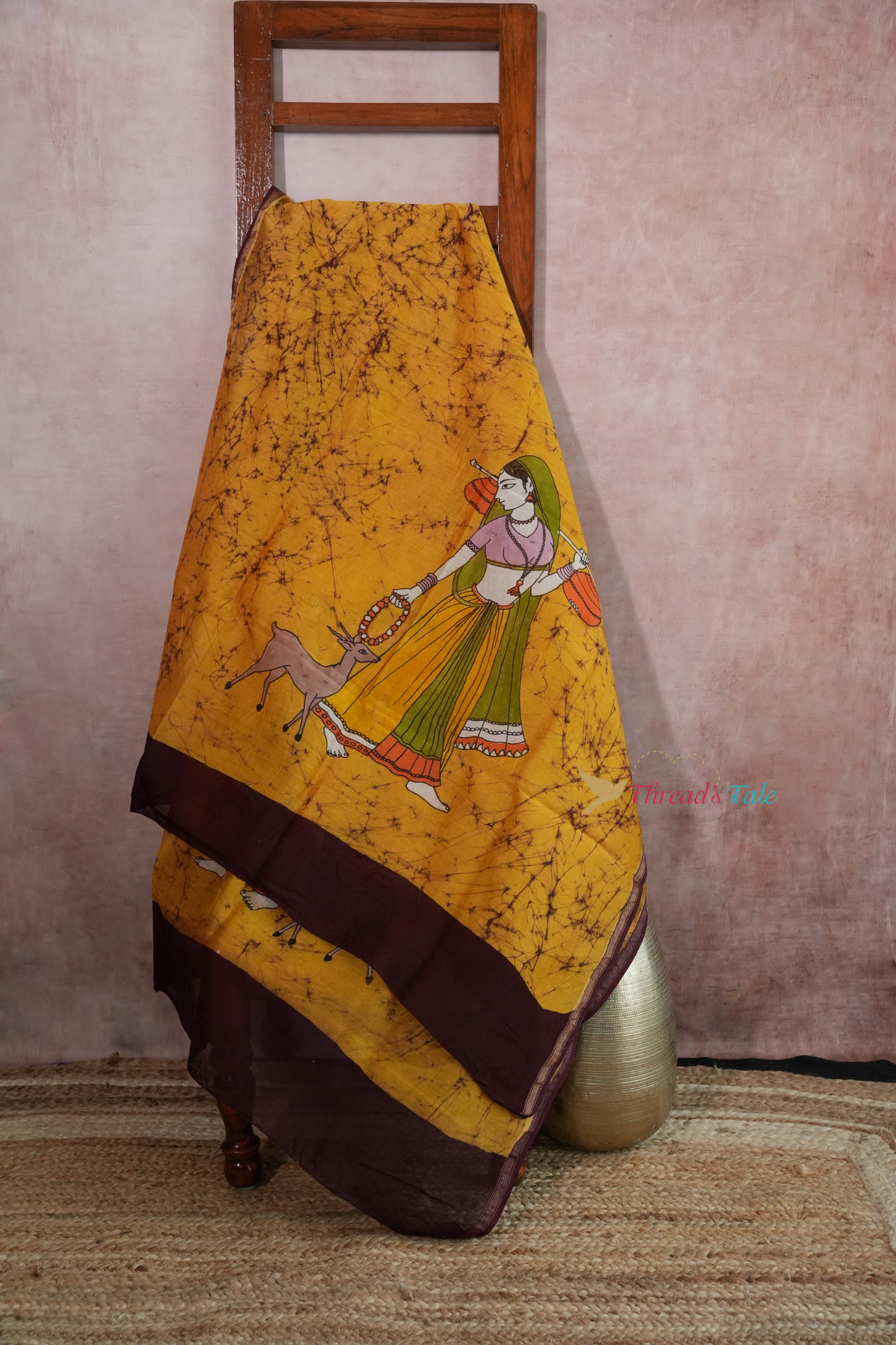 Mustard Yellow Brown Hand Painted Batik Dupatta