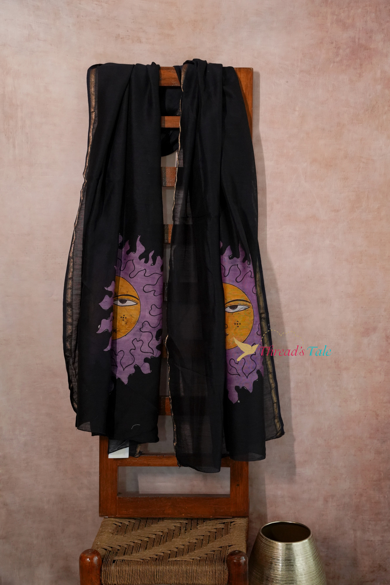Navy Blue Violet Hand Batik Painted Dupatta