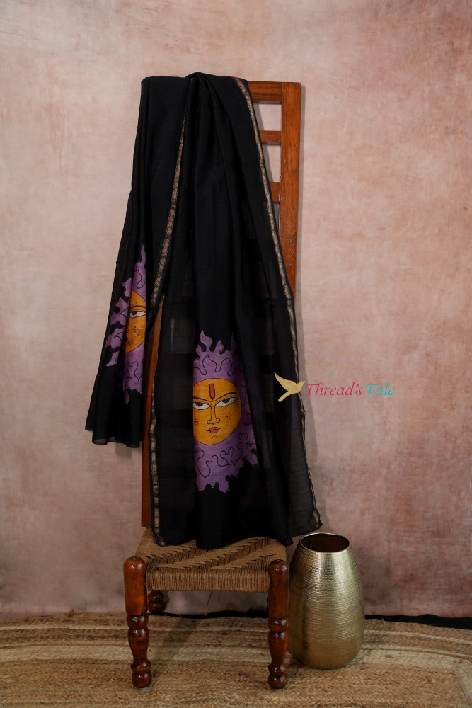 Image of Navy Blue Violet Hand Batik Painted Dupatta