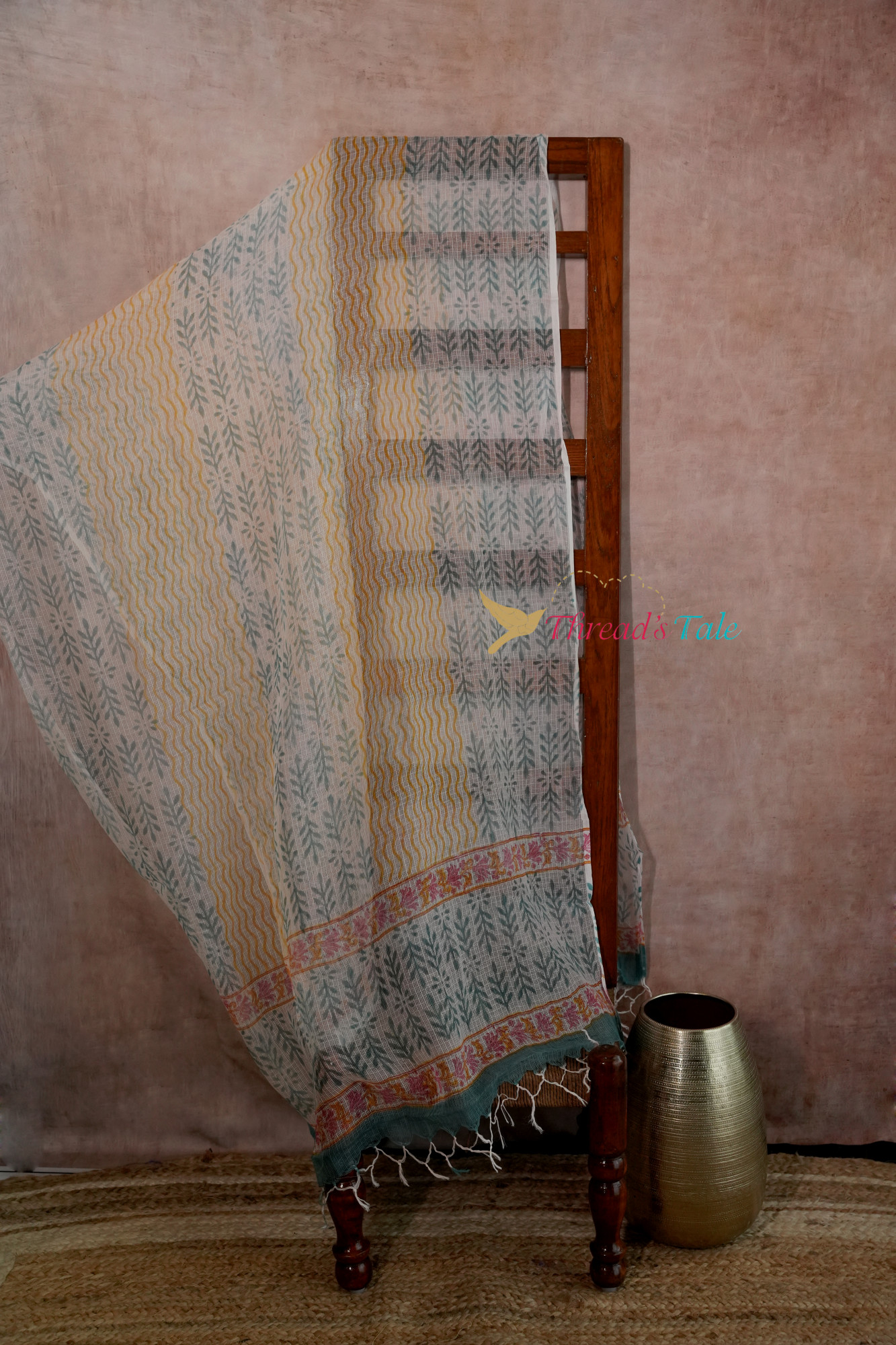 White Green Hand Blocked Cotton Kota Dupatta