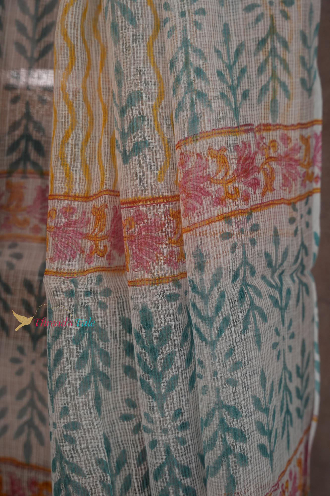 White Green Hand Blocked Cotton Kota Dupatta