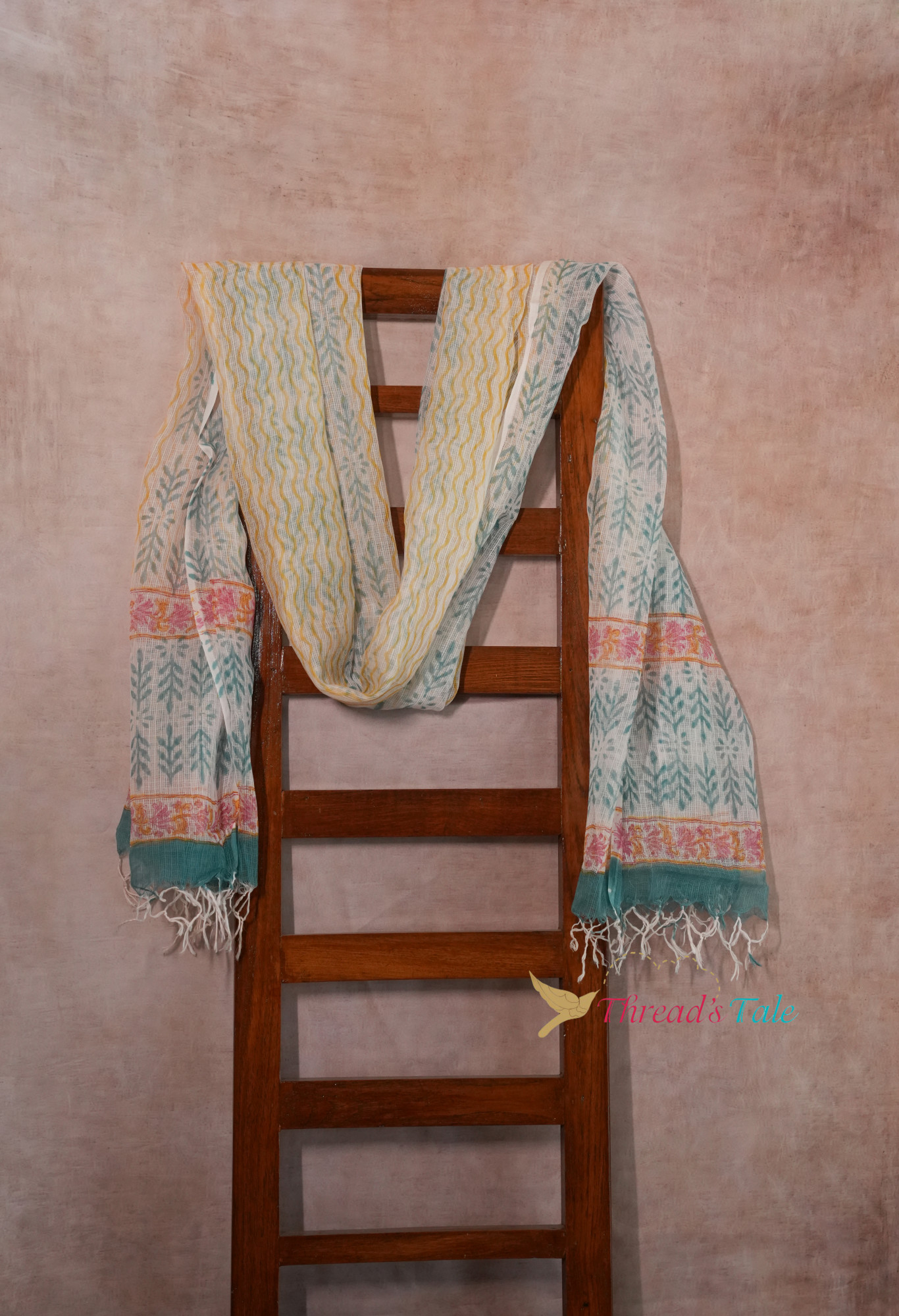 White Green Hand Blocked Cotton Kota Dupatta