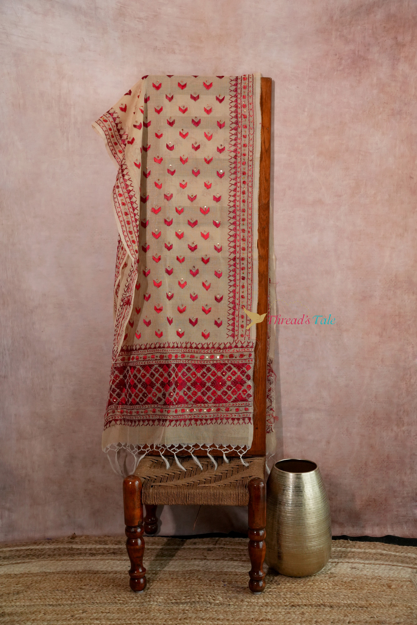 Beige Handcrafted Phulkari Stole