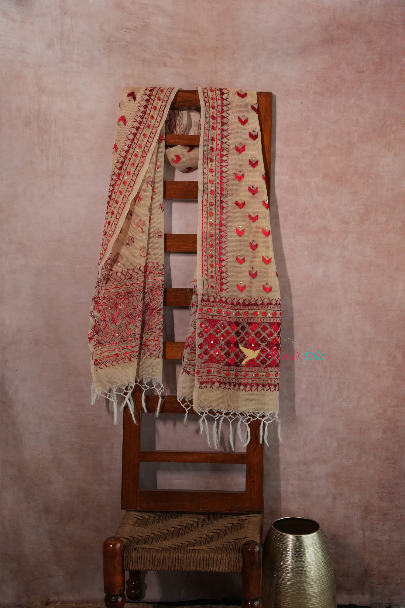 Beige Handcrafted Phulkari Stole