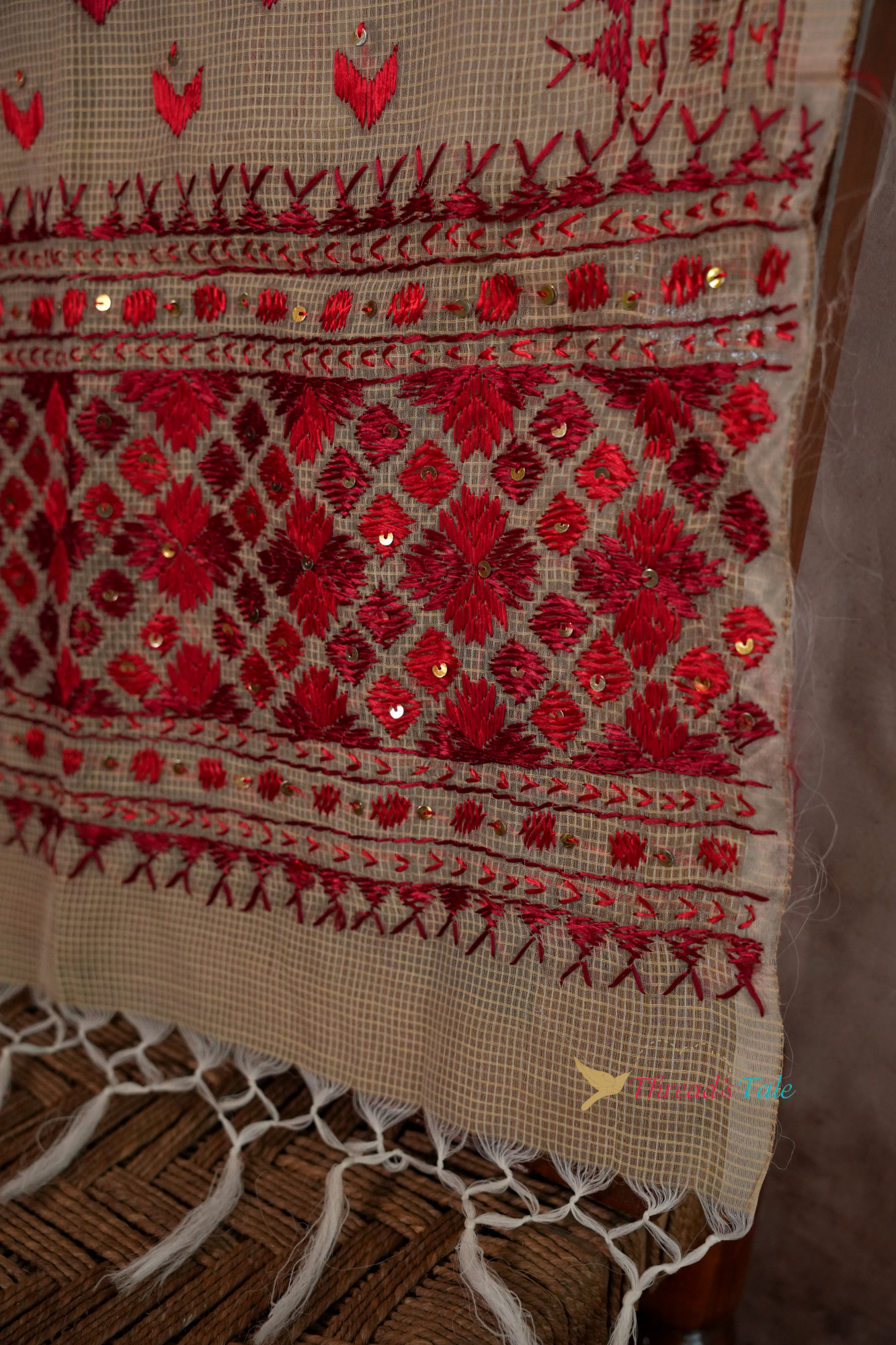 Beige Handcrafted Phulkari Stole