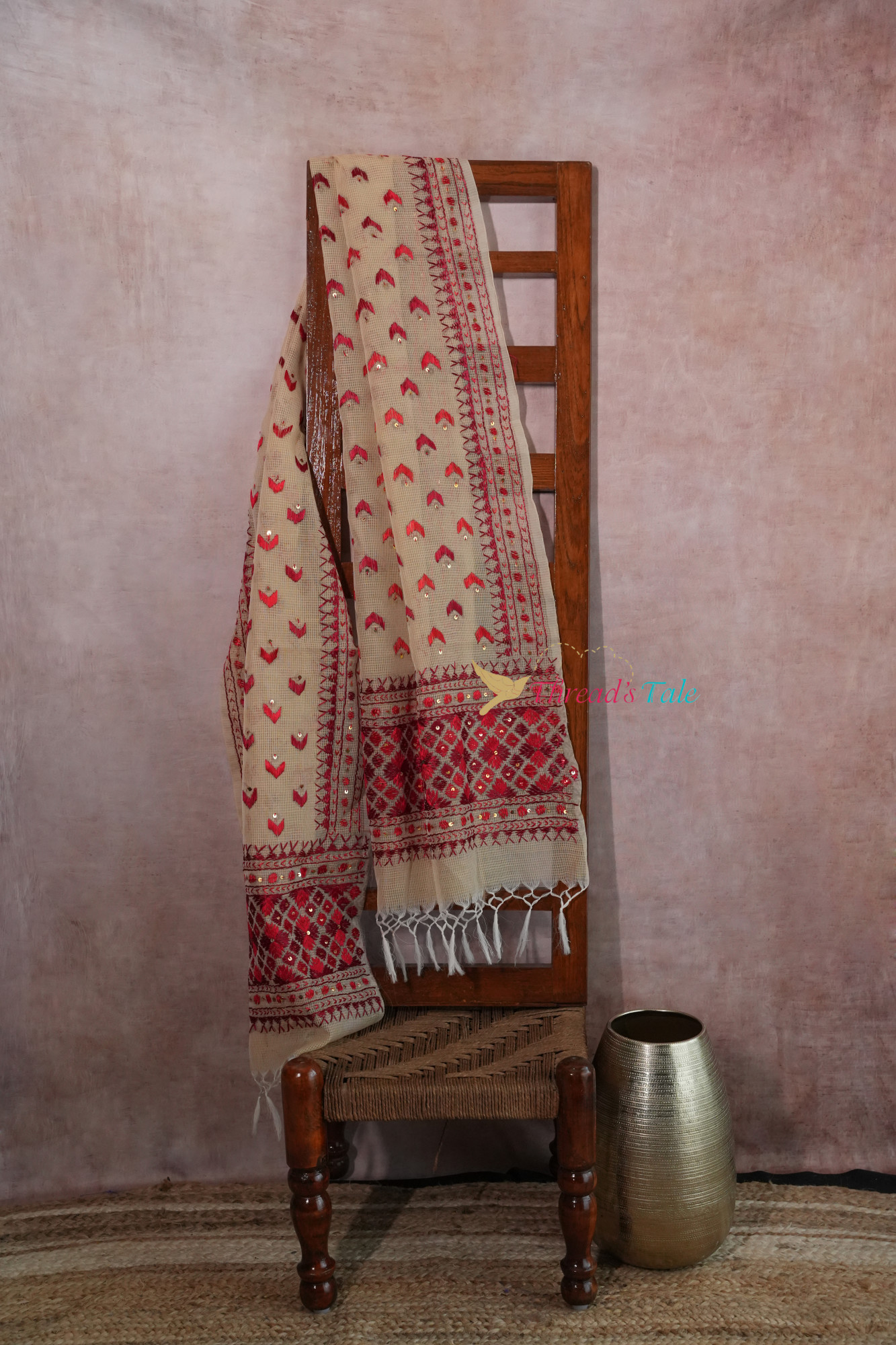 Beige Handcrafted Phulkari Stole