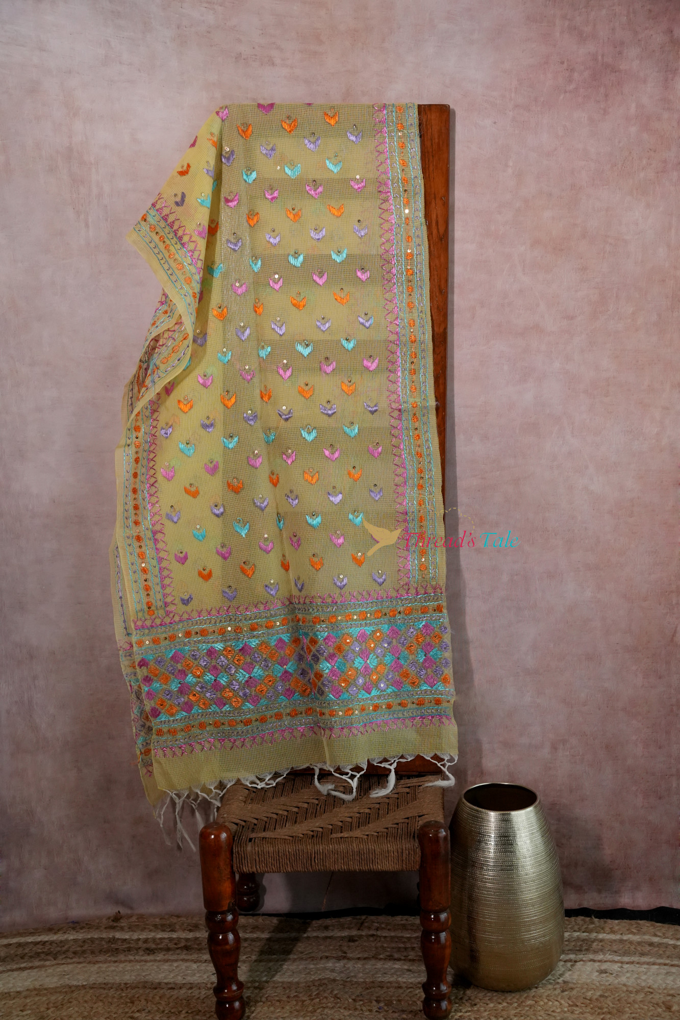 Yellow Handcrafted Phulkari Stole