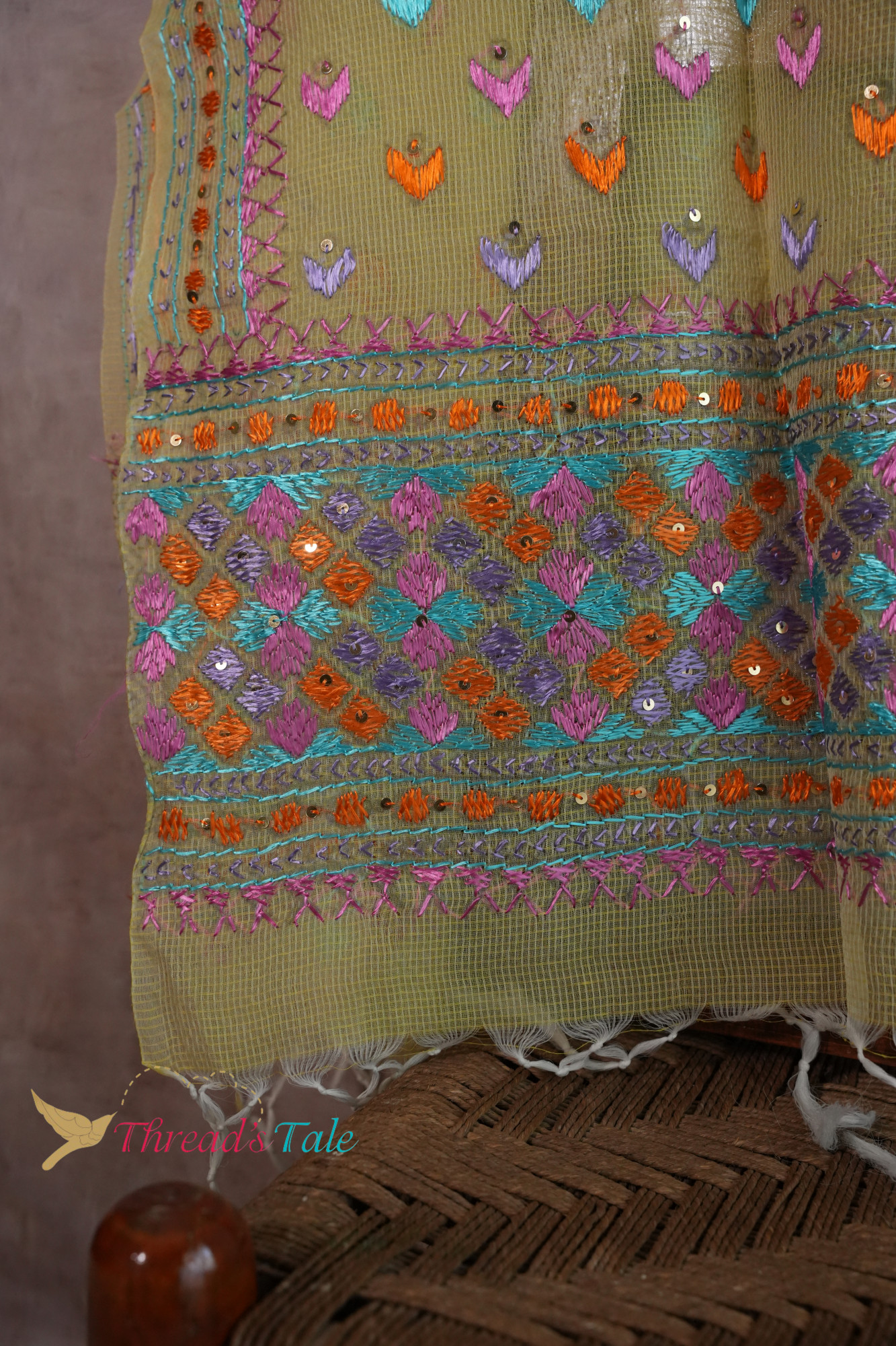 Yellow Handcrafted Phulkari Stole