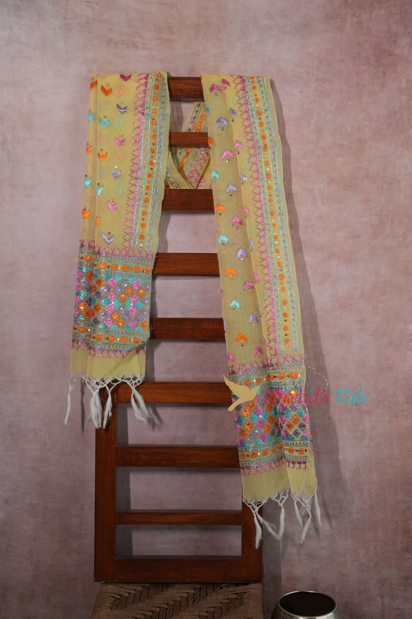 Yellow Handcrafted Phulkari Stole