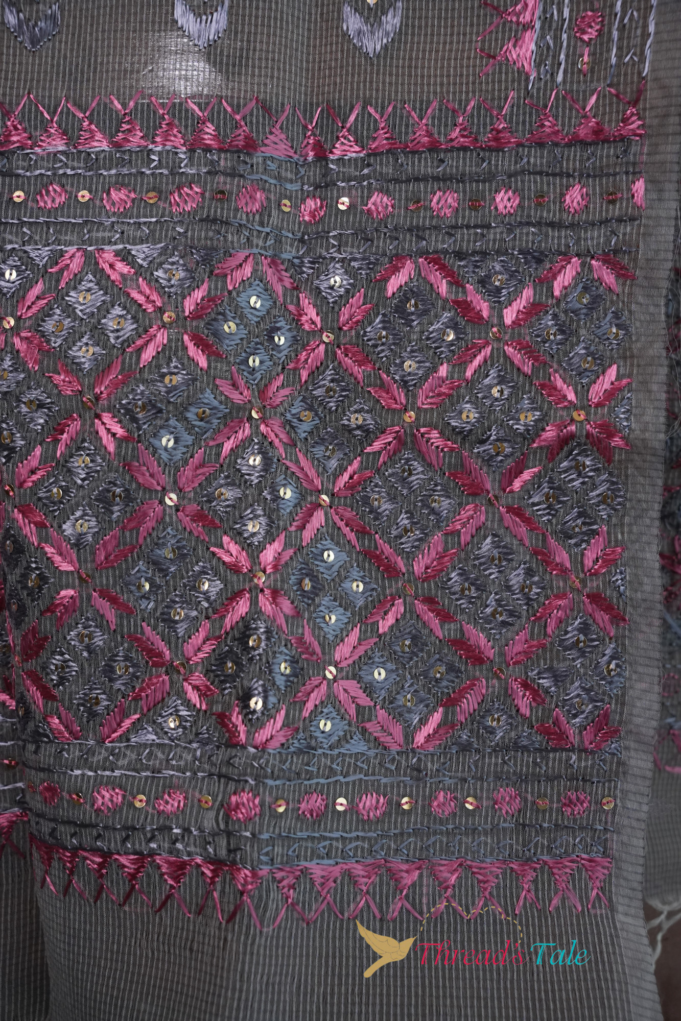 Grey Hand Crafted Phulkari Stole