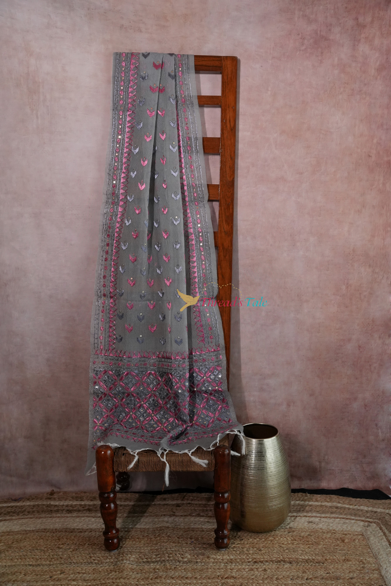 Grey Hand Crafted Phulkari Stole