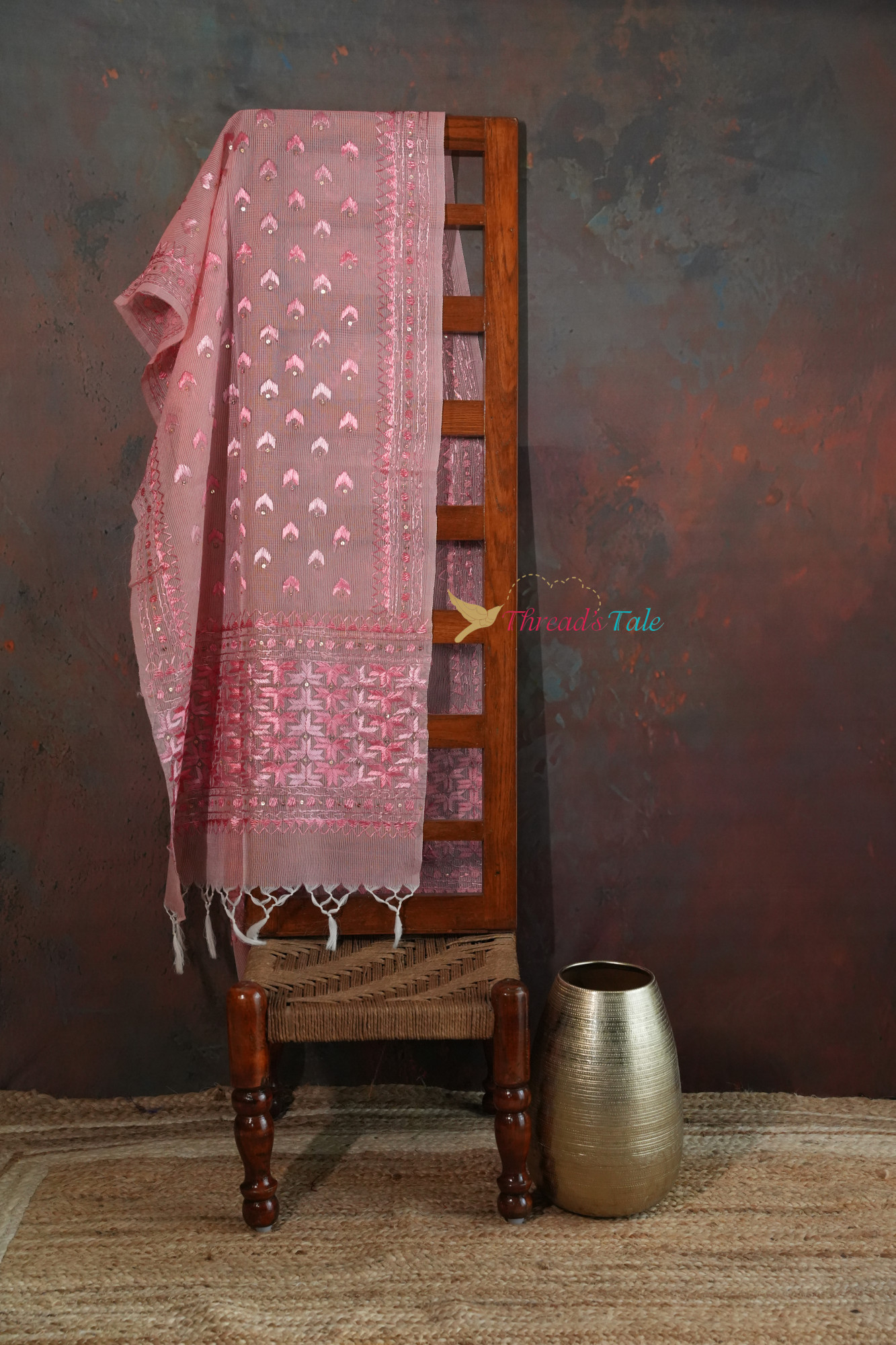 Peach Hand Crafted Phulkari Stole