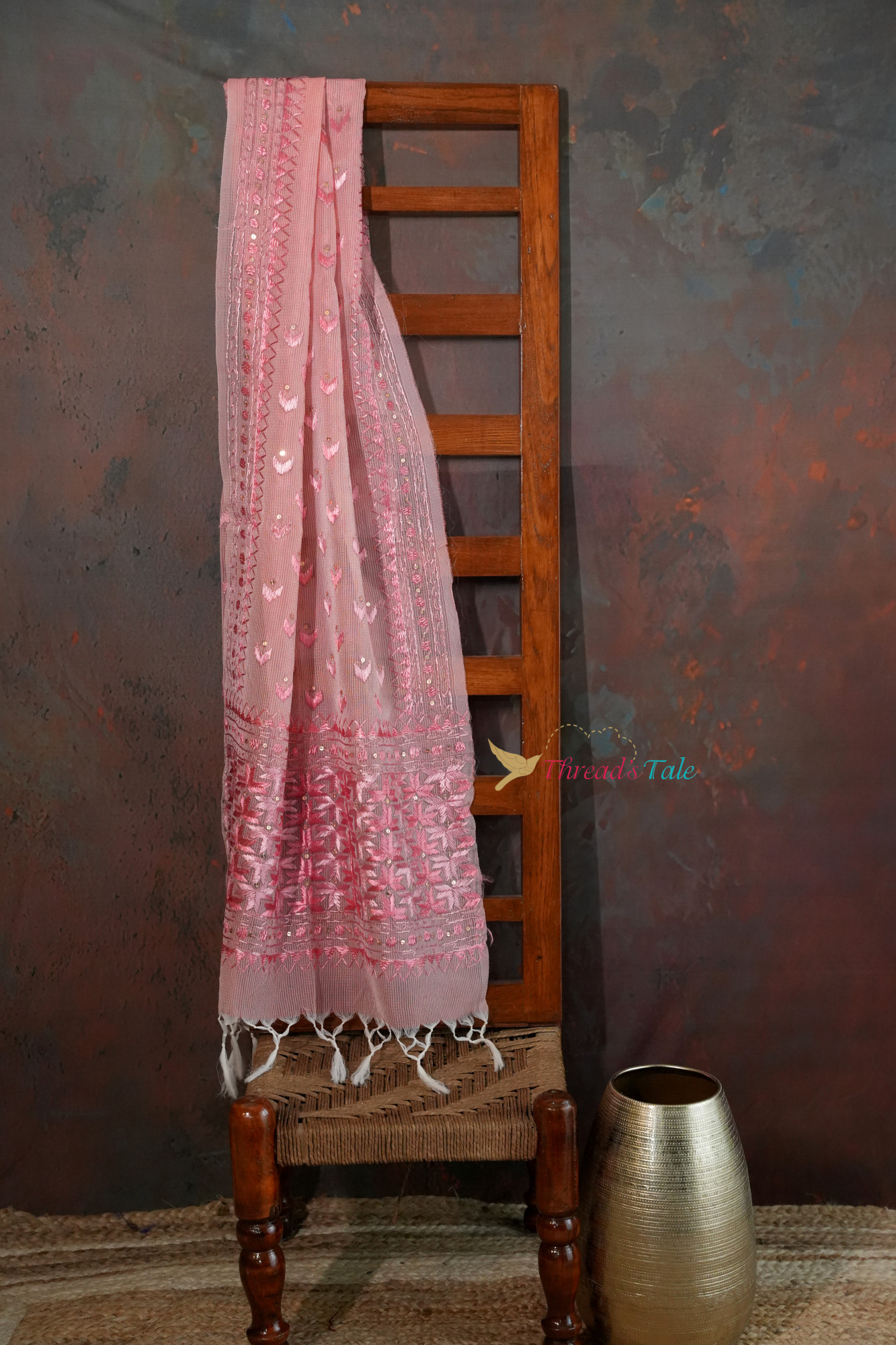 Peach Hand Crafted Phulkari Stole