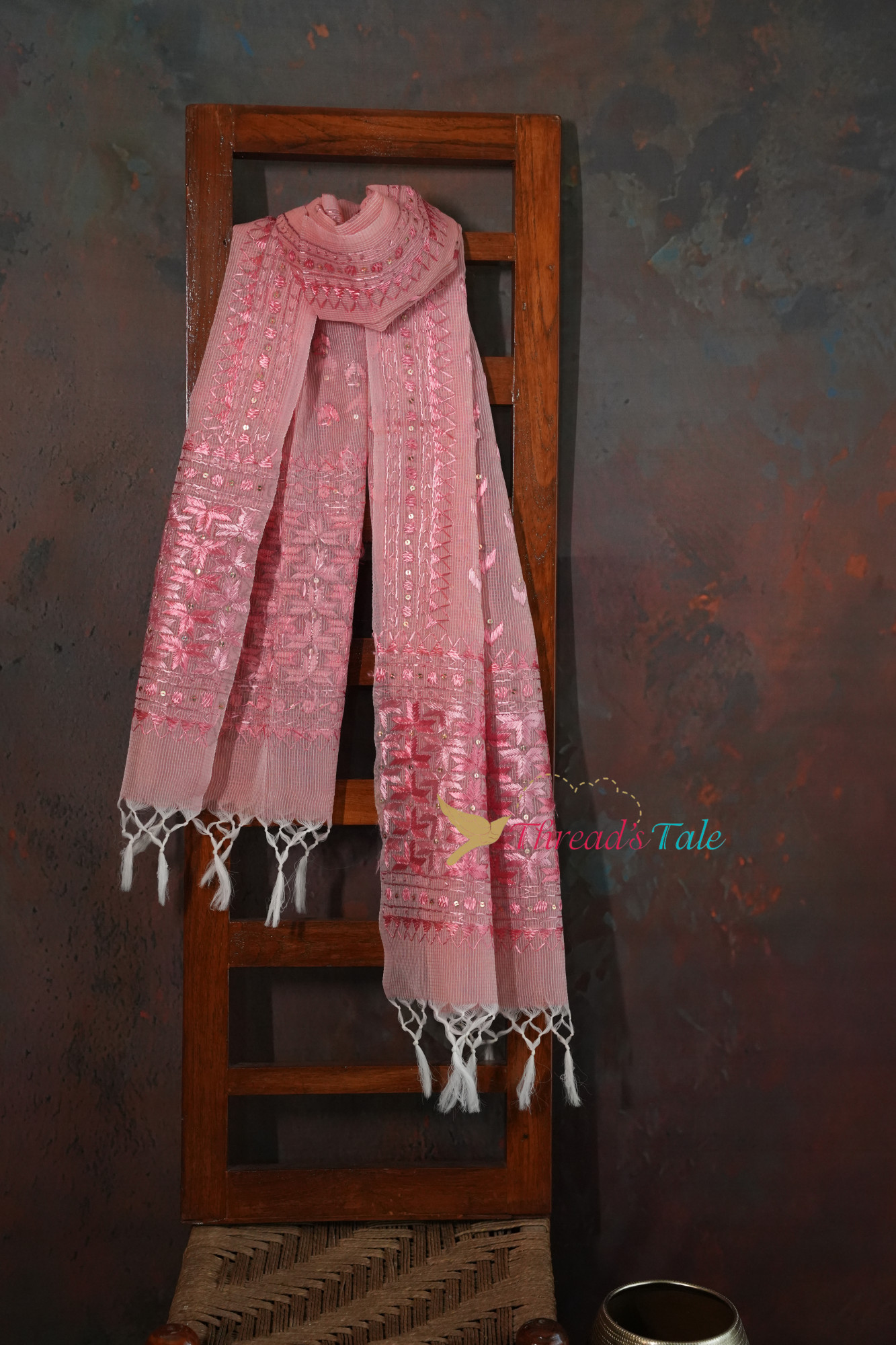 Peach Hand Crafted Phulkari Stole