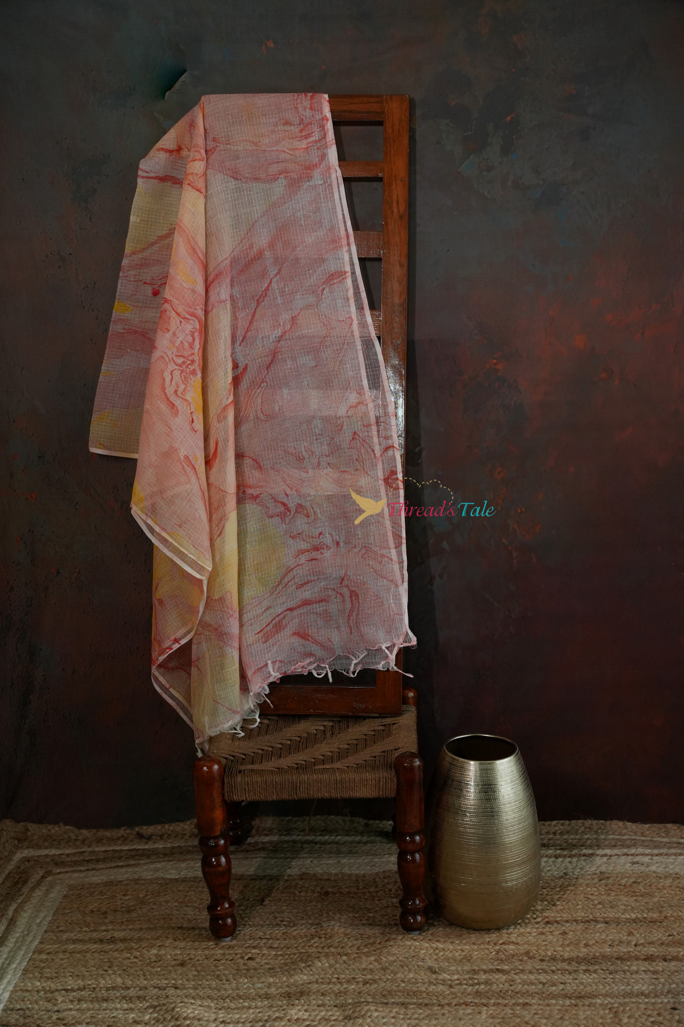 White Orange Marble Print Kota Cotton Dupatta