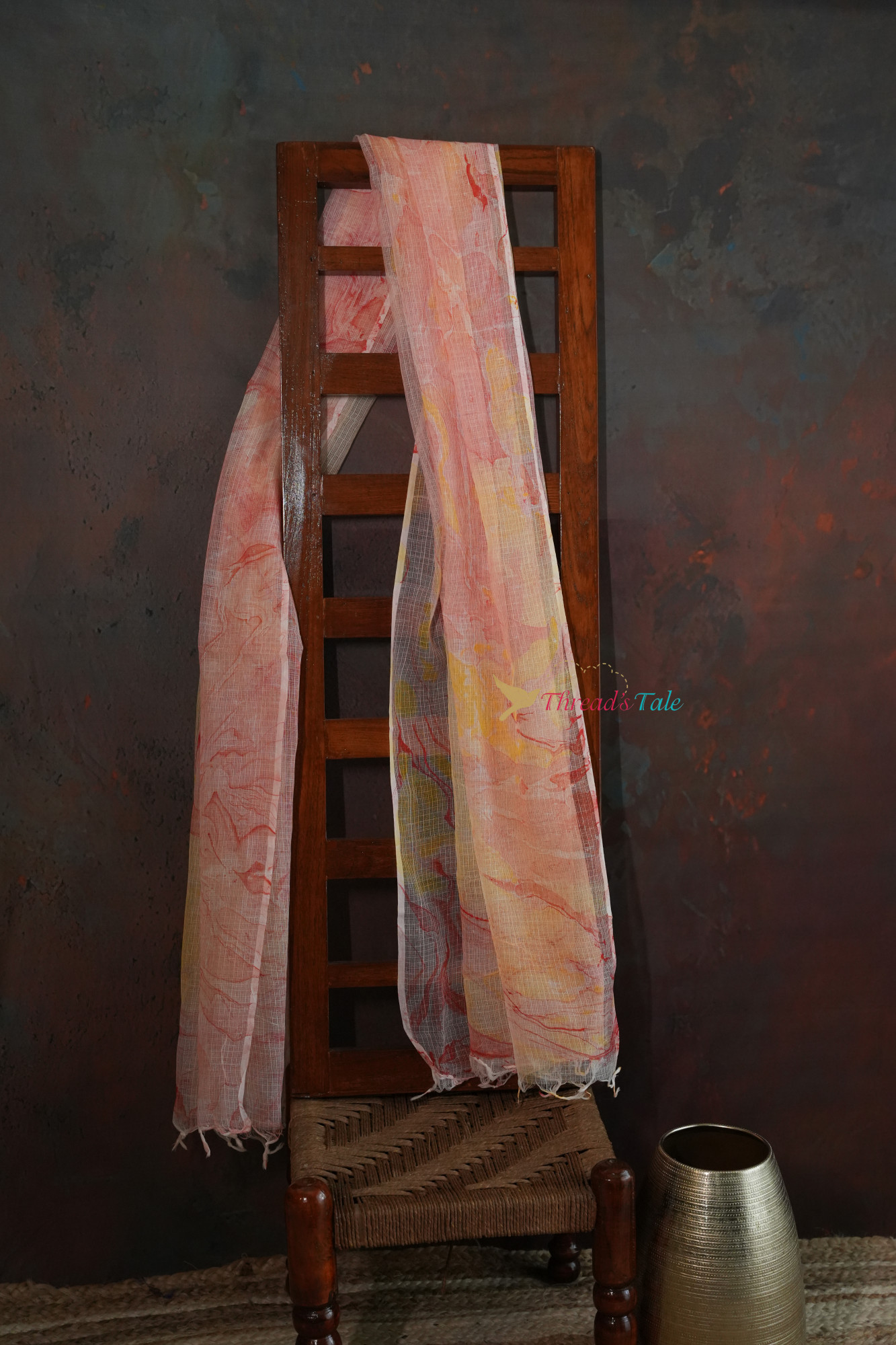White Orange Marble Print Kota Cotton Dupatta