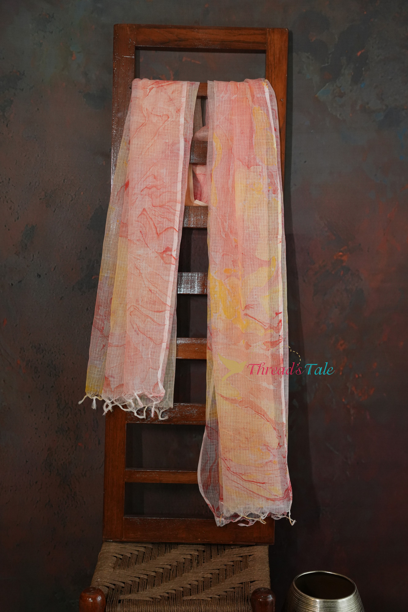White Orange Marble Print Kota Cotton Dupatta