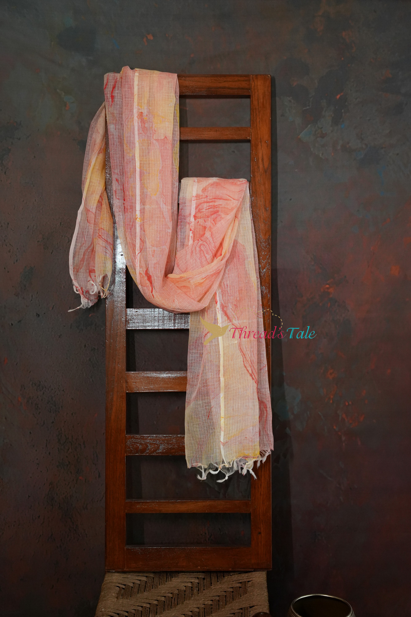White Orange Marble Print Kota Cotton Dupatta
