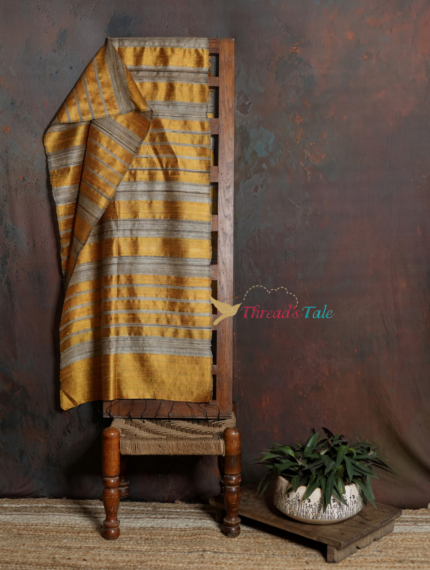 Handwoven Mustard Stole with Contrast Silver Stripes
