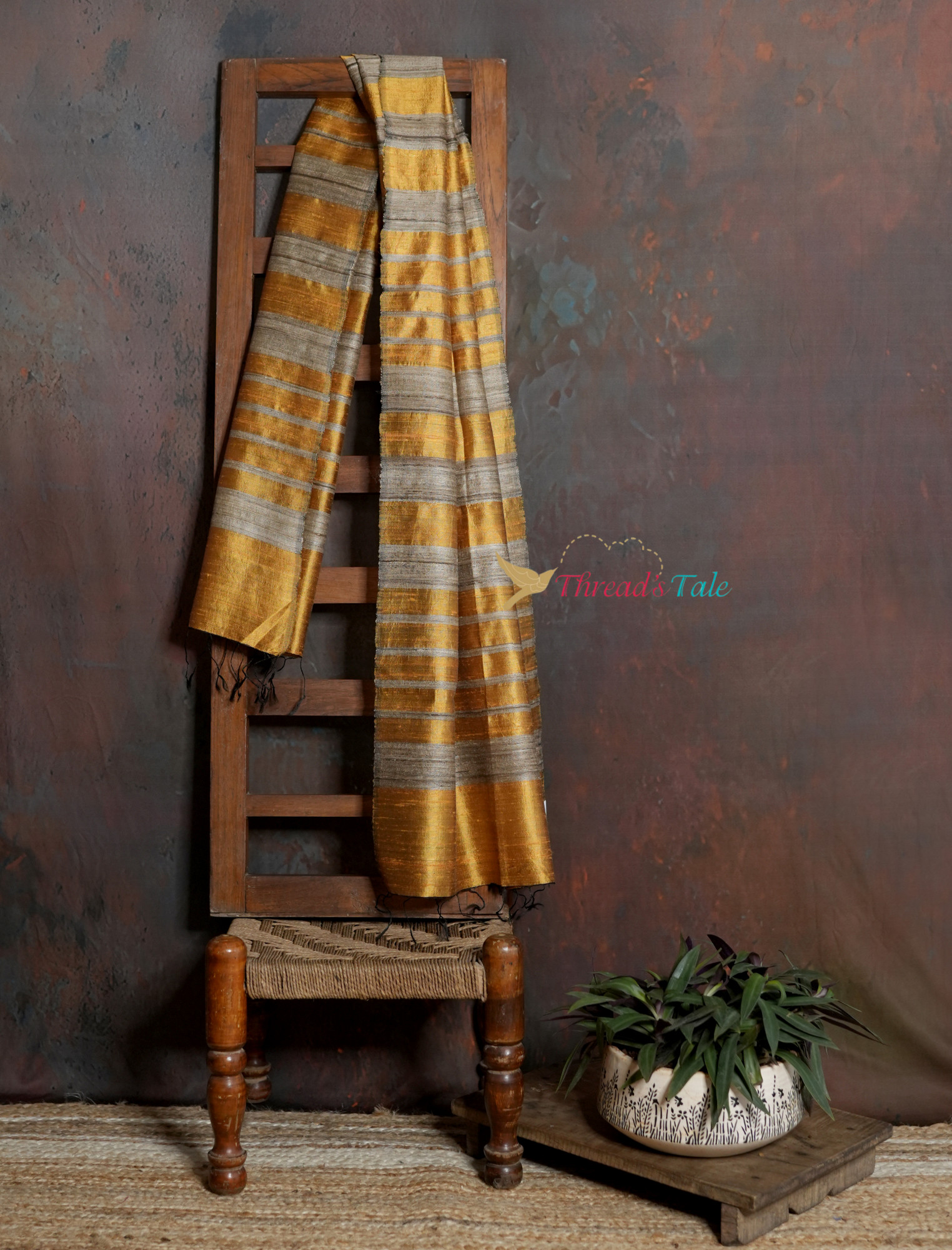 Handwoven Mustard Stole with Contrast Silver Stripes